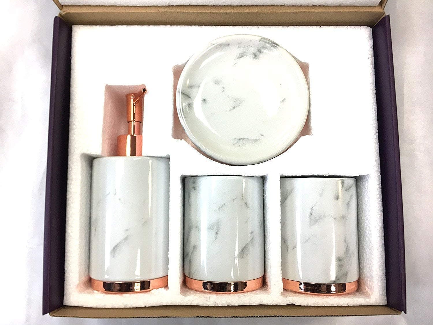 4 Piece Ceramic Bathroom Accessories Set - MARBLE Look Rose Gold White - Our Complete Bath Decor Kit Includes Designer Soap or Lotion Dispenser - Toothbrush Holder - Tumbler - Soap Dish (Marble White)