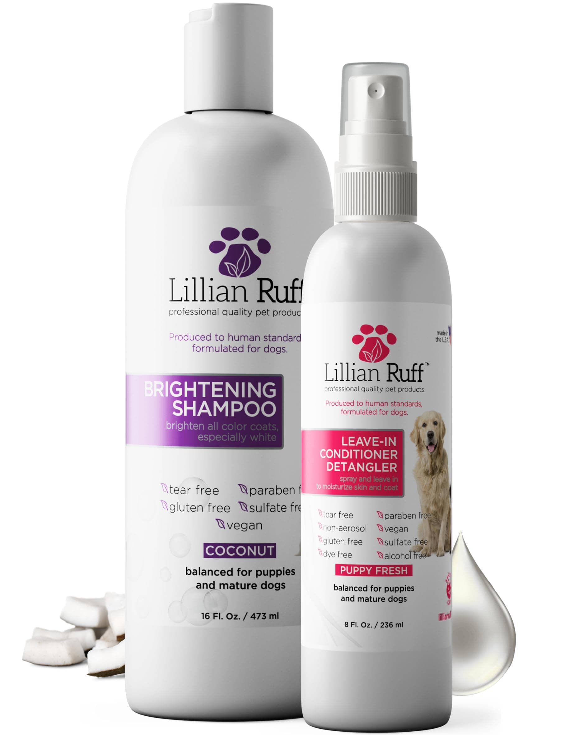 Lillian Ruff Ultra-Brightening Professional Whitening Shampoo for Dogs & Leave-in Dog Conditioner Detangler Spray Set - pH-Balanced Dog Whitening Shampoo & No Rinse Hydrating Dog Conditioning Spray
