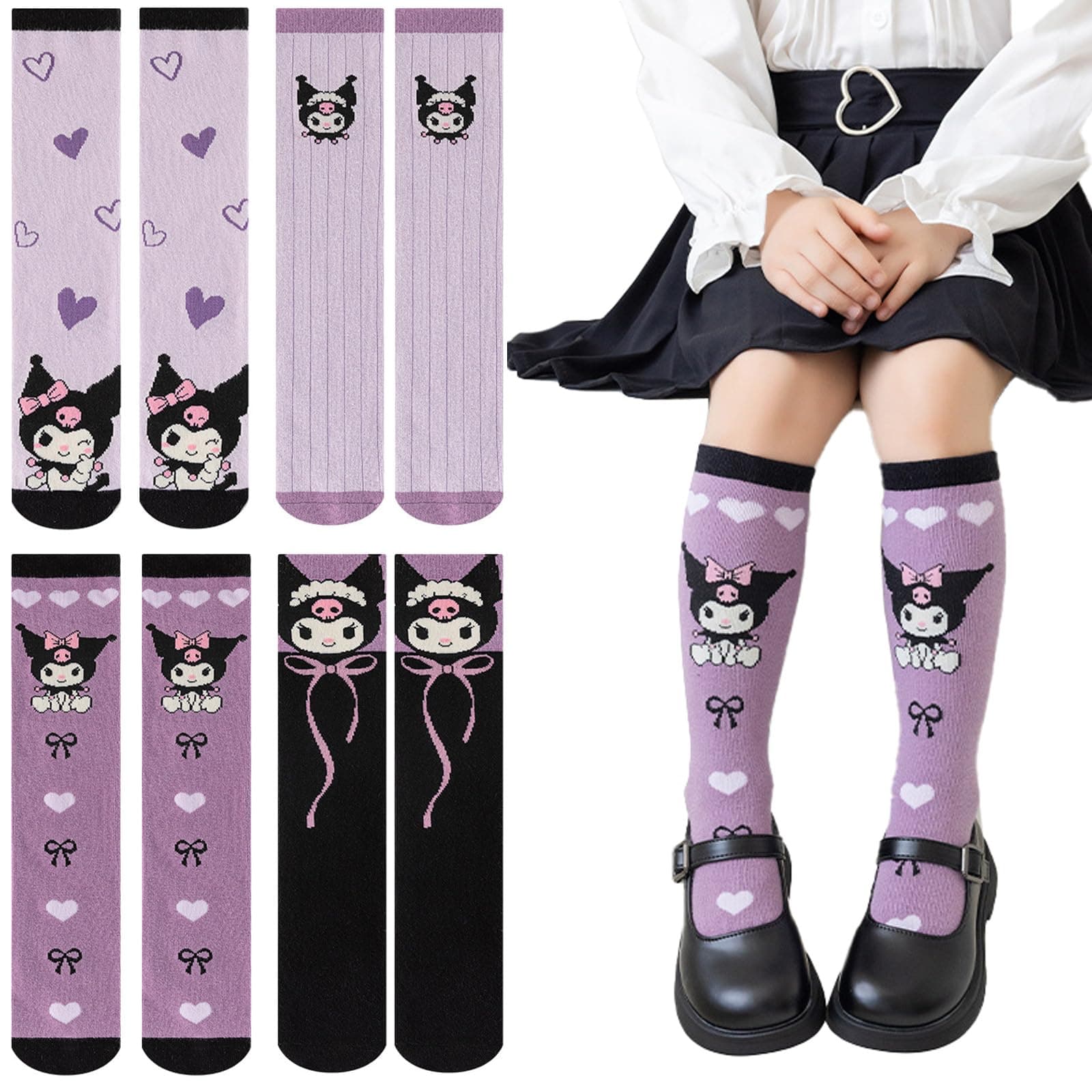 4 Pairs Knee High Socks for Girls, Cute Cartoon Stockings Kawaii Cotton Long Socks Outdoor Anime Stocks Thicken Over Knee Stockings for Women