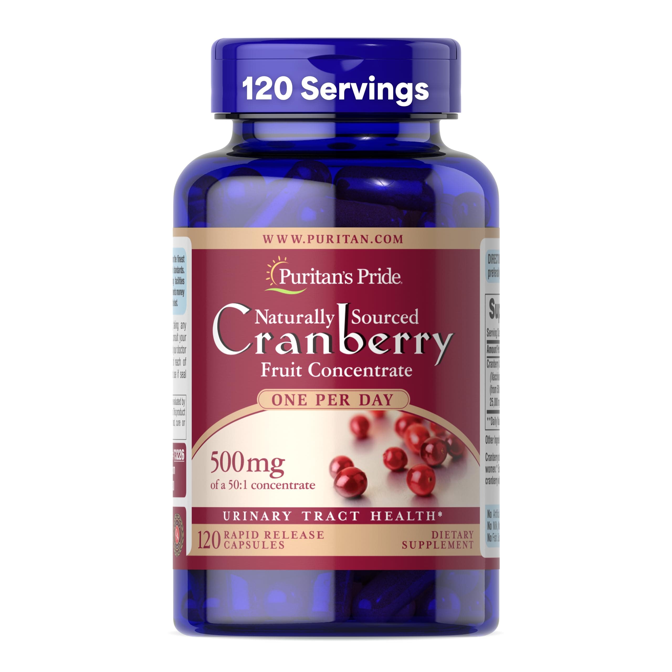 Naturally Sourced Cranberry One Per Day Fruit Concentrate 500mg, 50:1 Dietary Supplement for Urinary Tract Support, 4 Month Supply, 120 Rapid Release Capsules