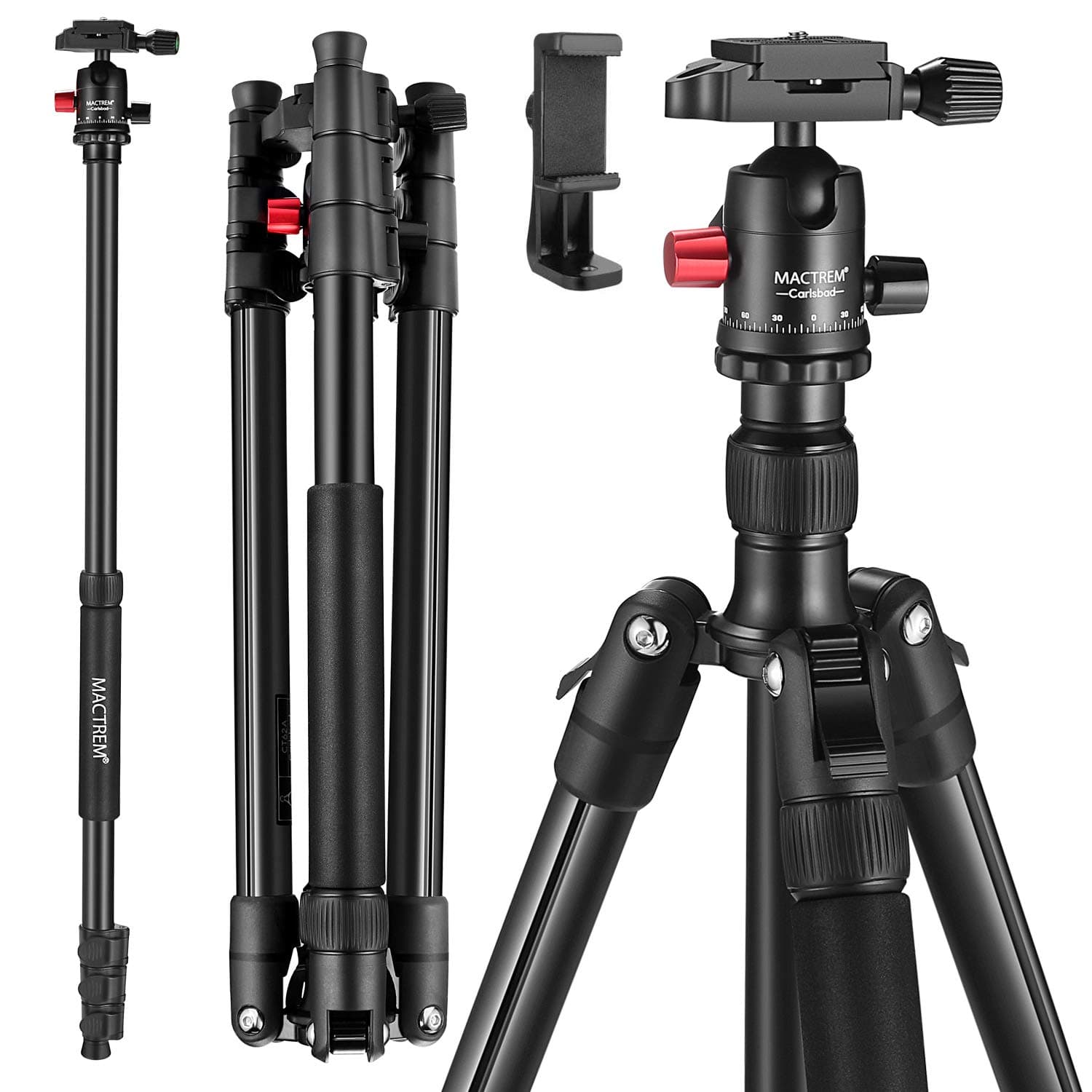 MACTREM Tripod DSLR SLR Tripod, 62.5" Light-Weight Aluminum Alloy Camera Tripod Phone Tripod with Phone Holder, 360 Degree Ball Head, Detachable Monopod, 34lbs Load with Carry Bag, Black