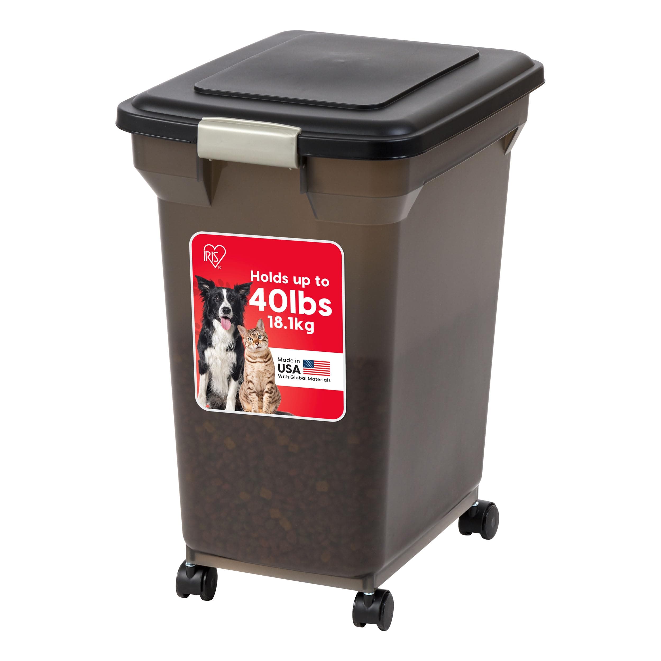 IRIS USA Airtight Dog Food Storage Container, WeatherPro, Up to 40 lbs, Removable Wheels, for Dog Cat Bird and Other Pet Food Storage Bin, Keep Fresh, Translucent Body, Made in USA, Smoke/Black