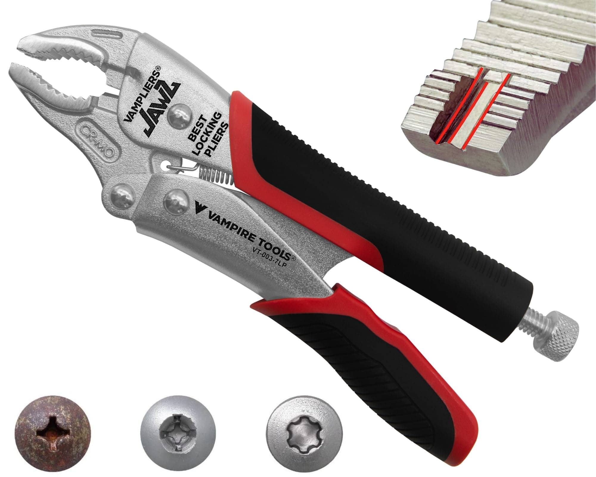 VAMPLIERS 7.5" Vise Grip Heavy Duty Locking Pliers with Screw Extractor Curved Jaws. Professional Grade. Secure Hold, Quick Release. Grip & Remove Stripped/Stuck Screws in seconds.