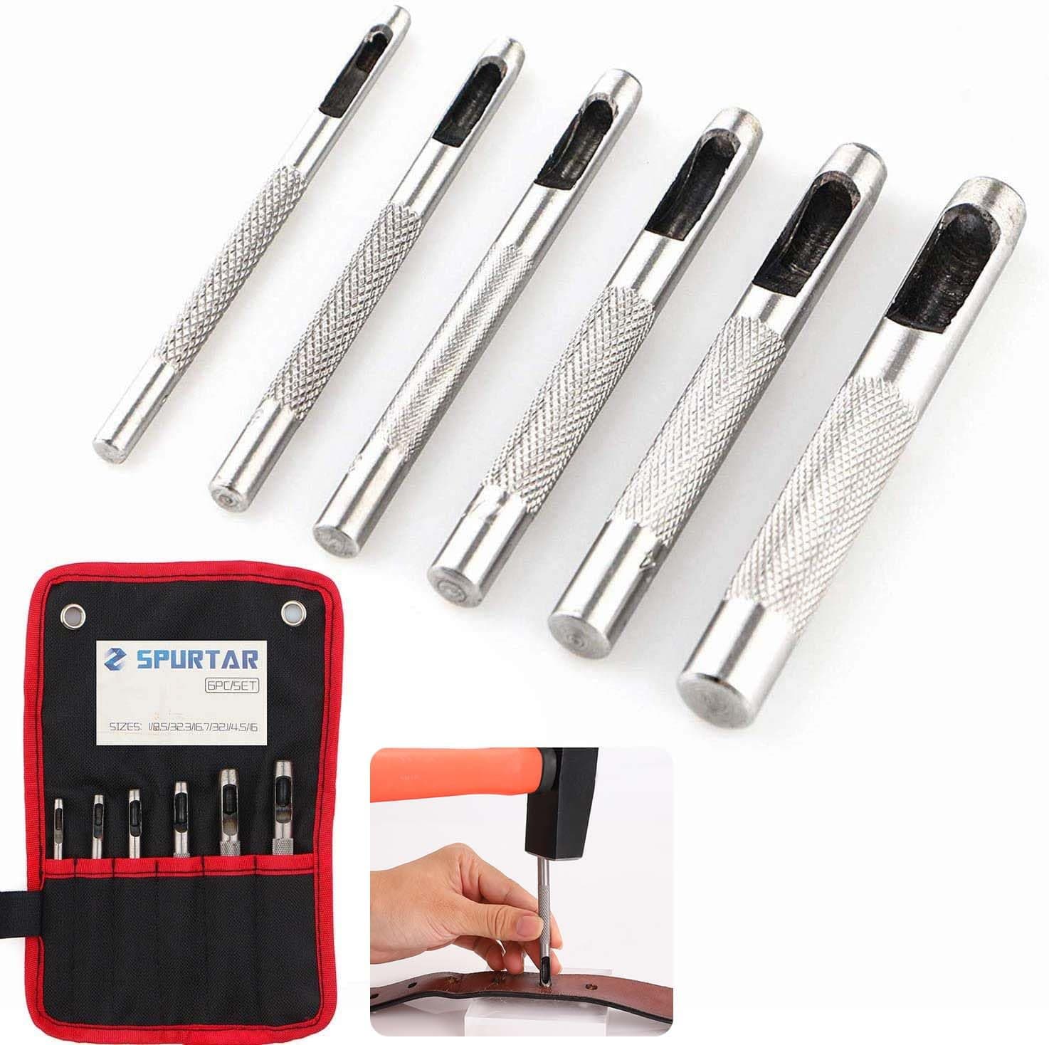 6PCS Leather Hole Punch 1/8'' - 5/16'' Heavy Duty Round Hollow Belt Hole Puncher High Carbon Steel Leather Punch Tool for Belts Watch Cloth Gaskets with Storage Bag