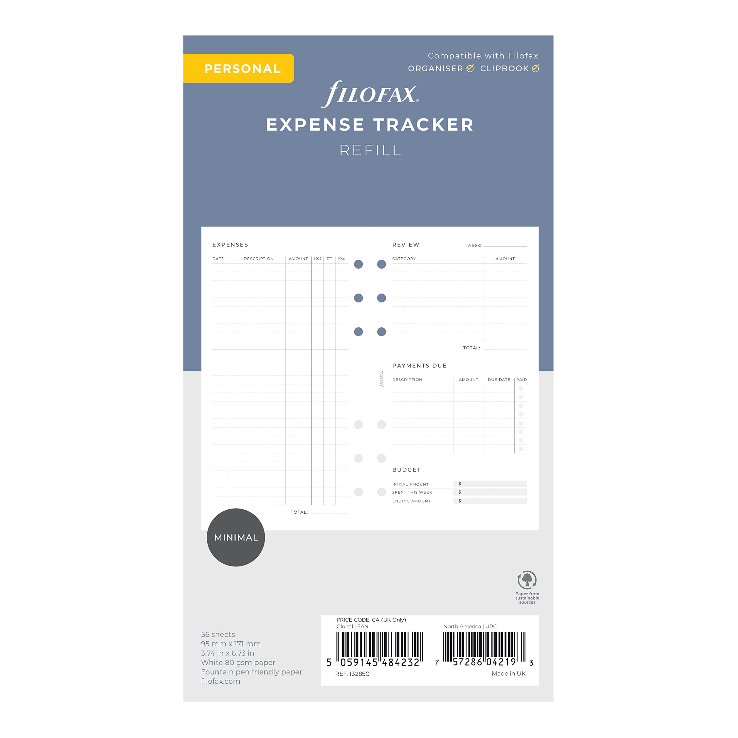 Filofax Lifestyle Refill, Personal Size, Organizer Refill, White Paper, Expense Tracker, 56 Sheets (B132850)