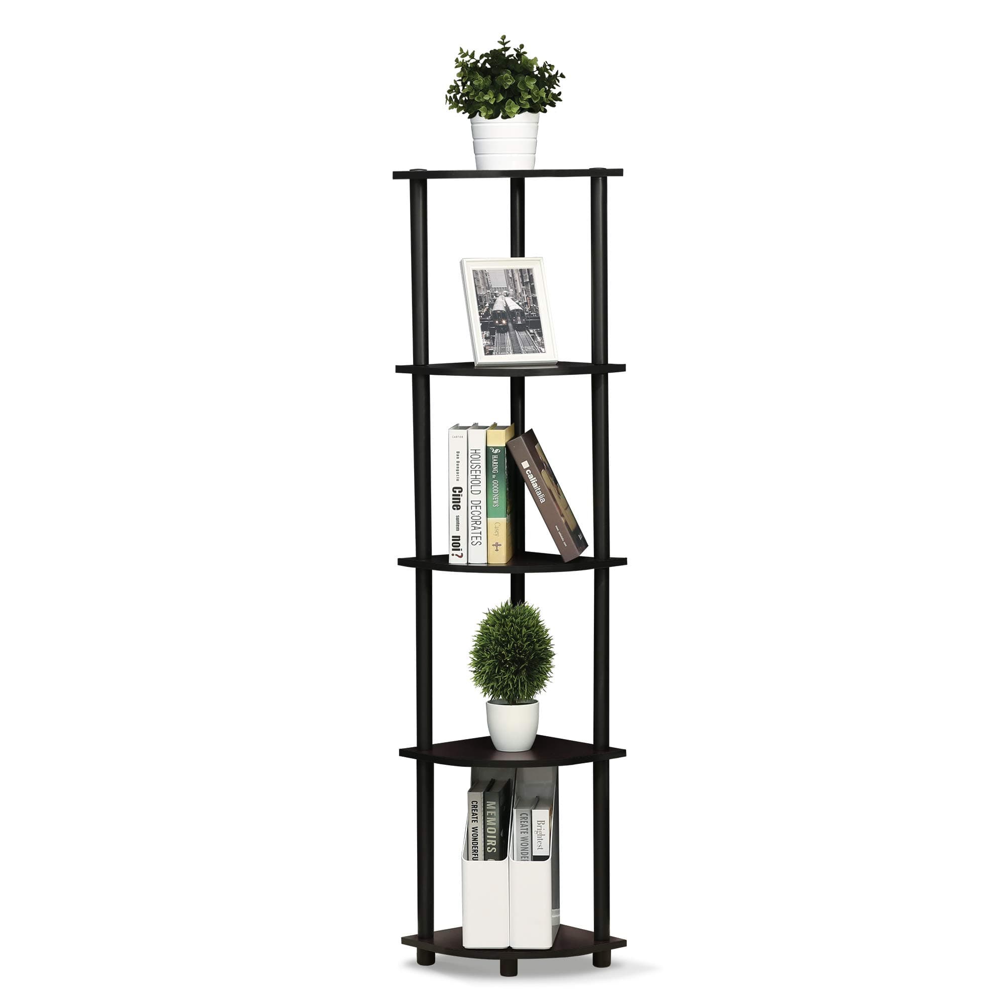 Furinno Turn-N-Tube 5 Tier Corner Display Rack Multipurpose Shelving Unit, 1-Pack, Dark Walnut