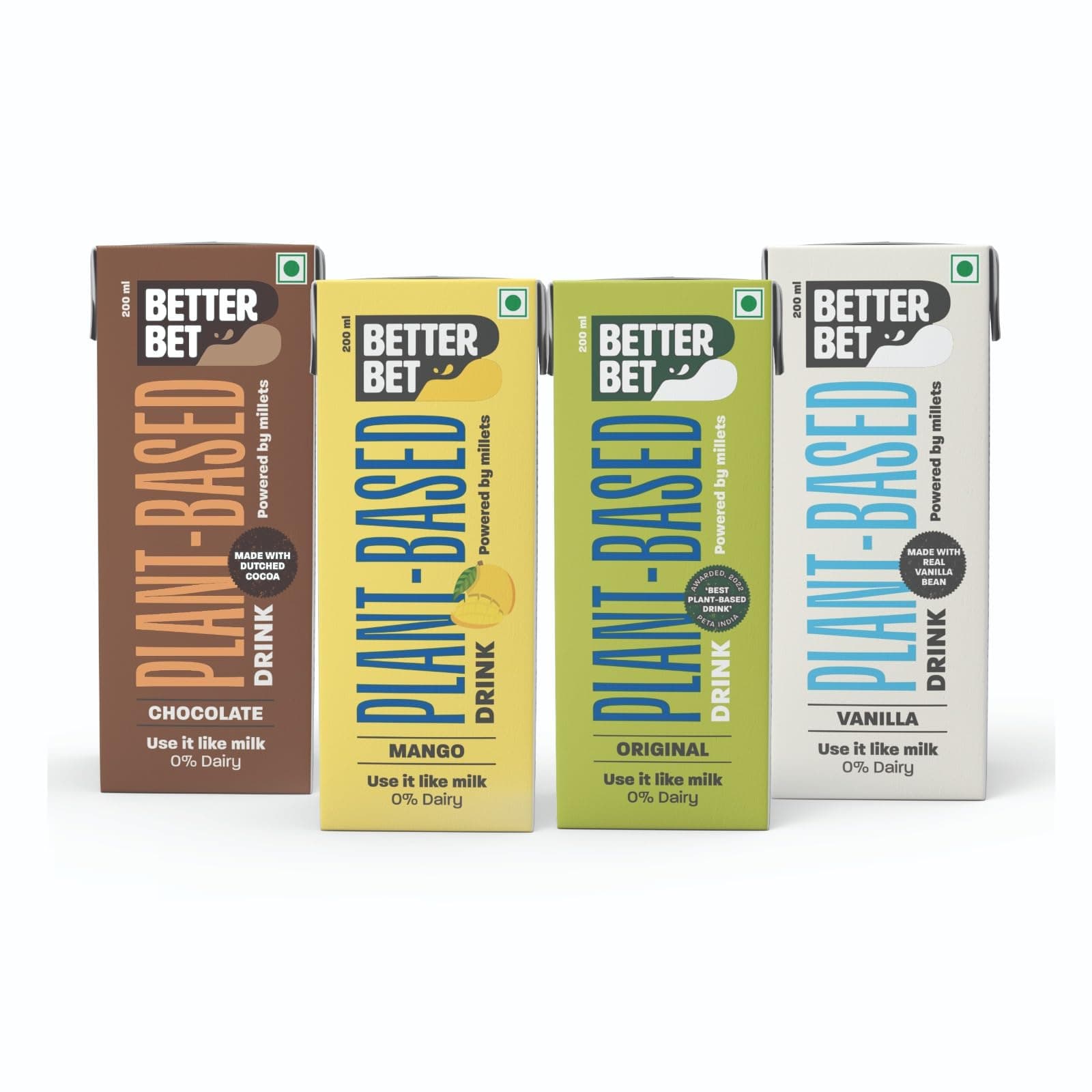 Vegan Assorted(Original, Chocolate, Vanilla & Mango) Millet Beverage 1.6L (8 X 200 ML) |Plant Based | Lactose Free | No Added Preservatives | No Cholesterol | No Trans Fat