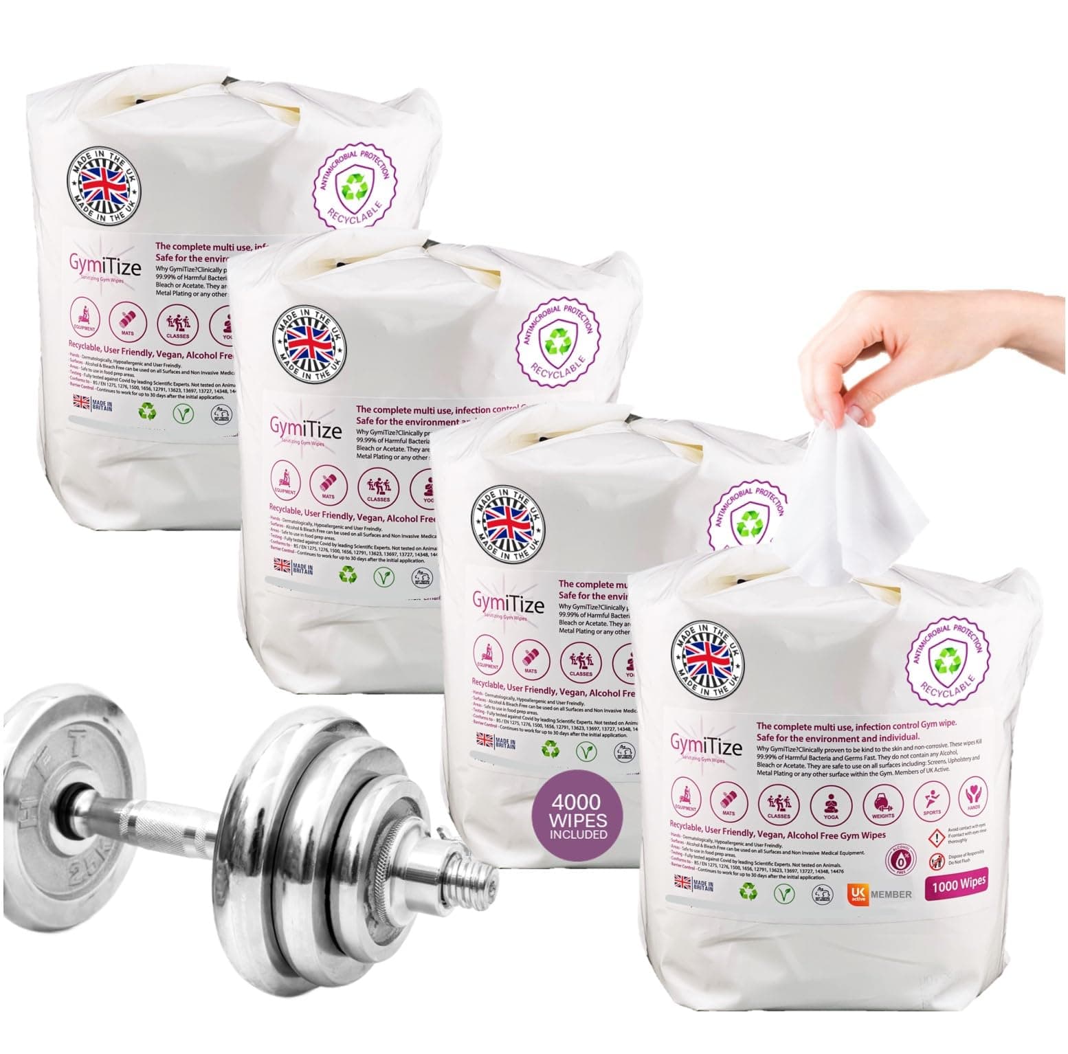Gym Wipes, Alcohol Free, Antibacterial, Antiviral, Non-Toxic, Recyclable, Made in the UK, Advanced Barrier Technology, 4000 Wipes (Pack of 4) 1,000 Per Pack Refill Rolls.