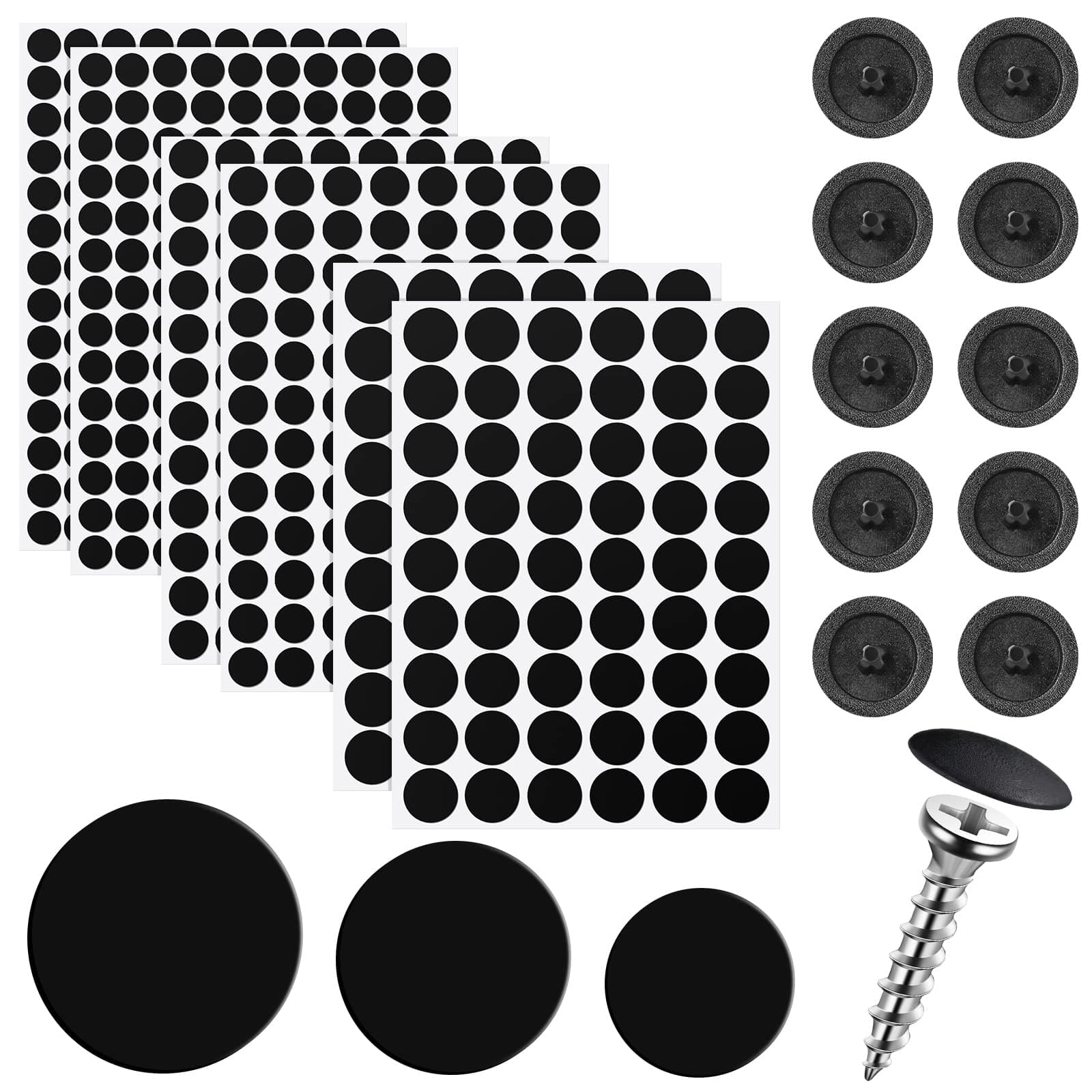 Eersida 100 Pcs Screw Caps Covers Plastic Self Tapping and 580 Pieces Self Adhesive Furniture Screw Hole Cover Stickers for Wood Furniture(Black)