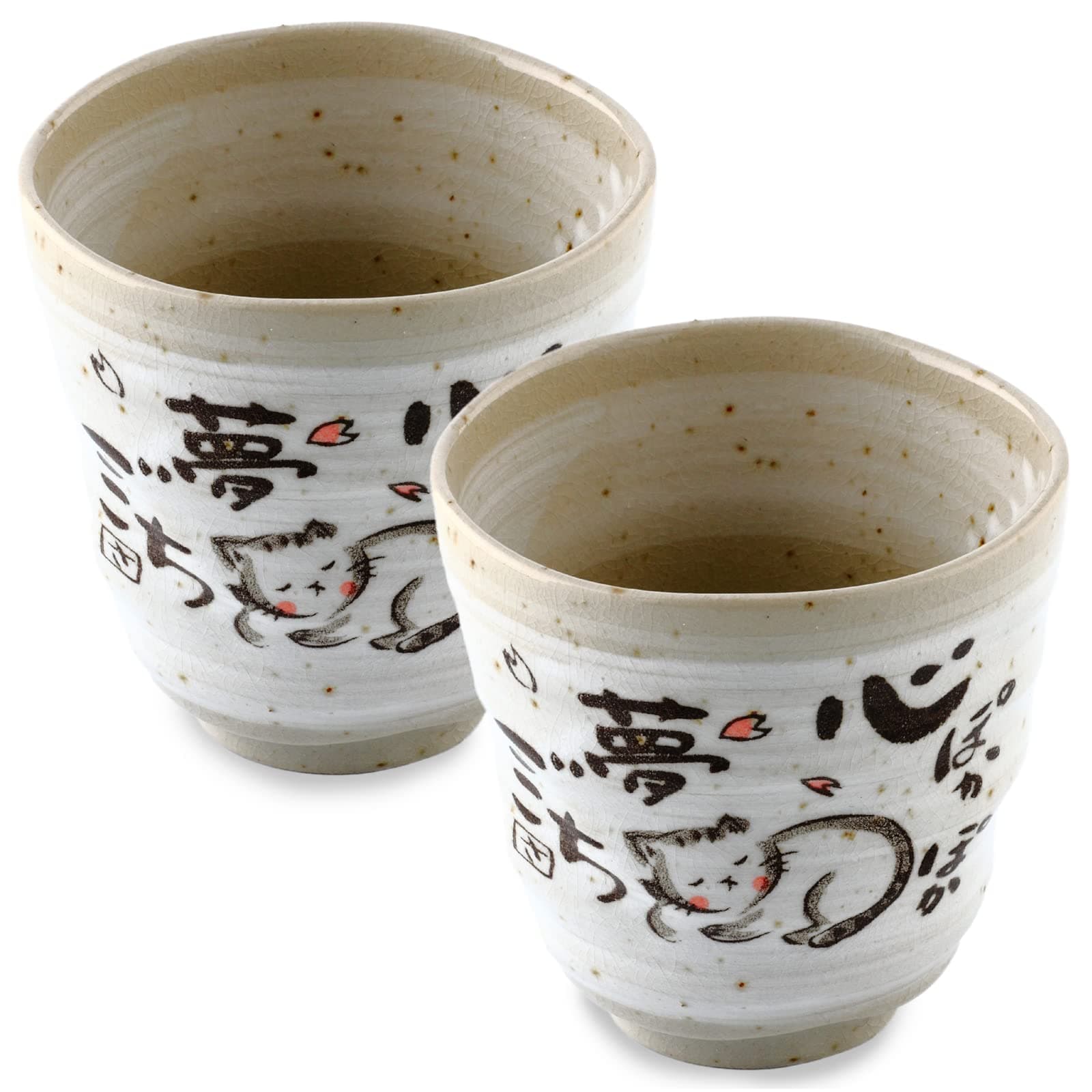 Mino Ware Japanese Tea Cups, Japanese Pottery Yunomi, Cat Tea Cup, 6.8 floz Set of 2