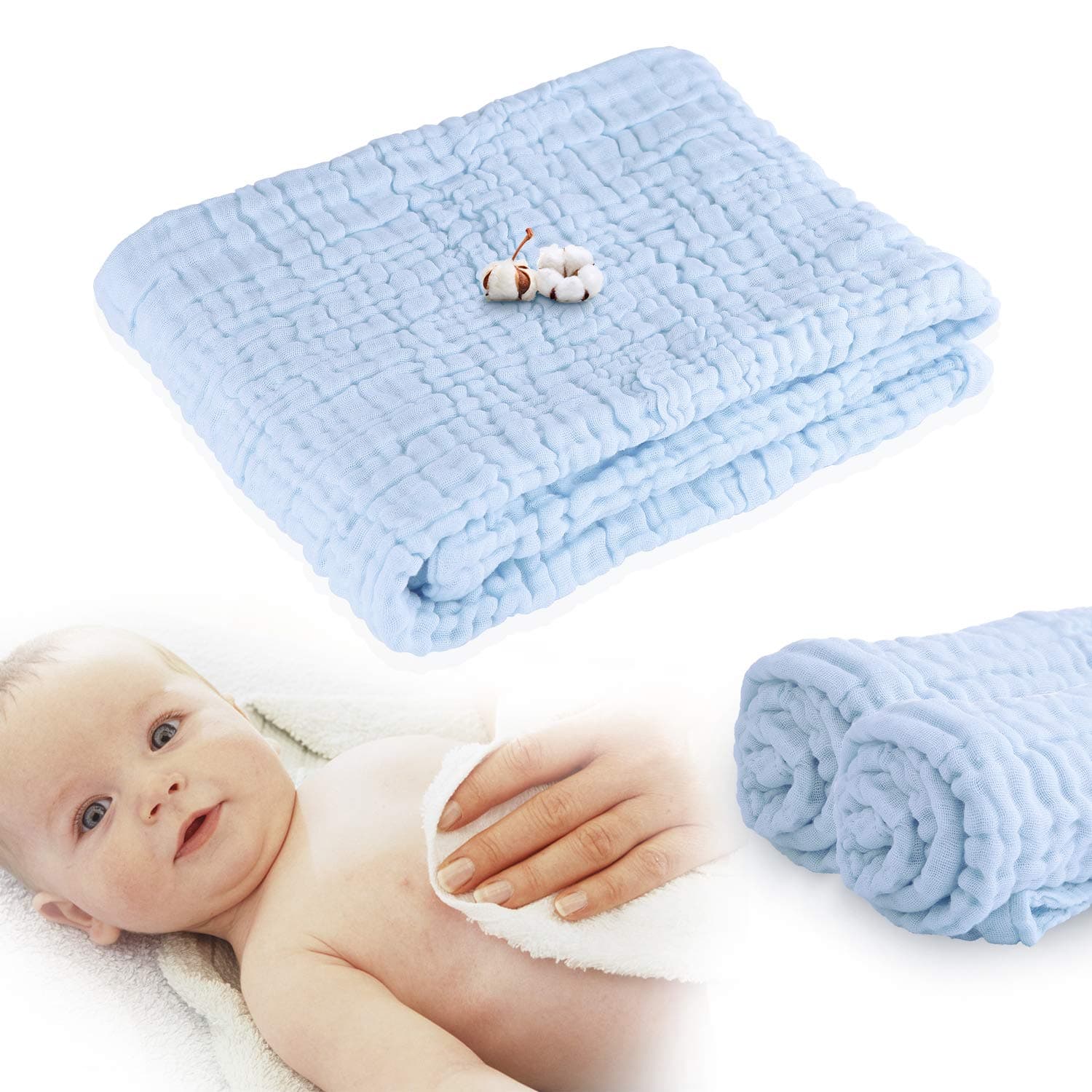 Muslin Baby Towels(41.5×41.5 inches) - Super Water Absorbent for Baby Bath Towels - Soft Newborn Baby Blankets, Suitable for Baby's Delicate Skin - Blue