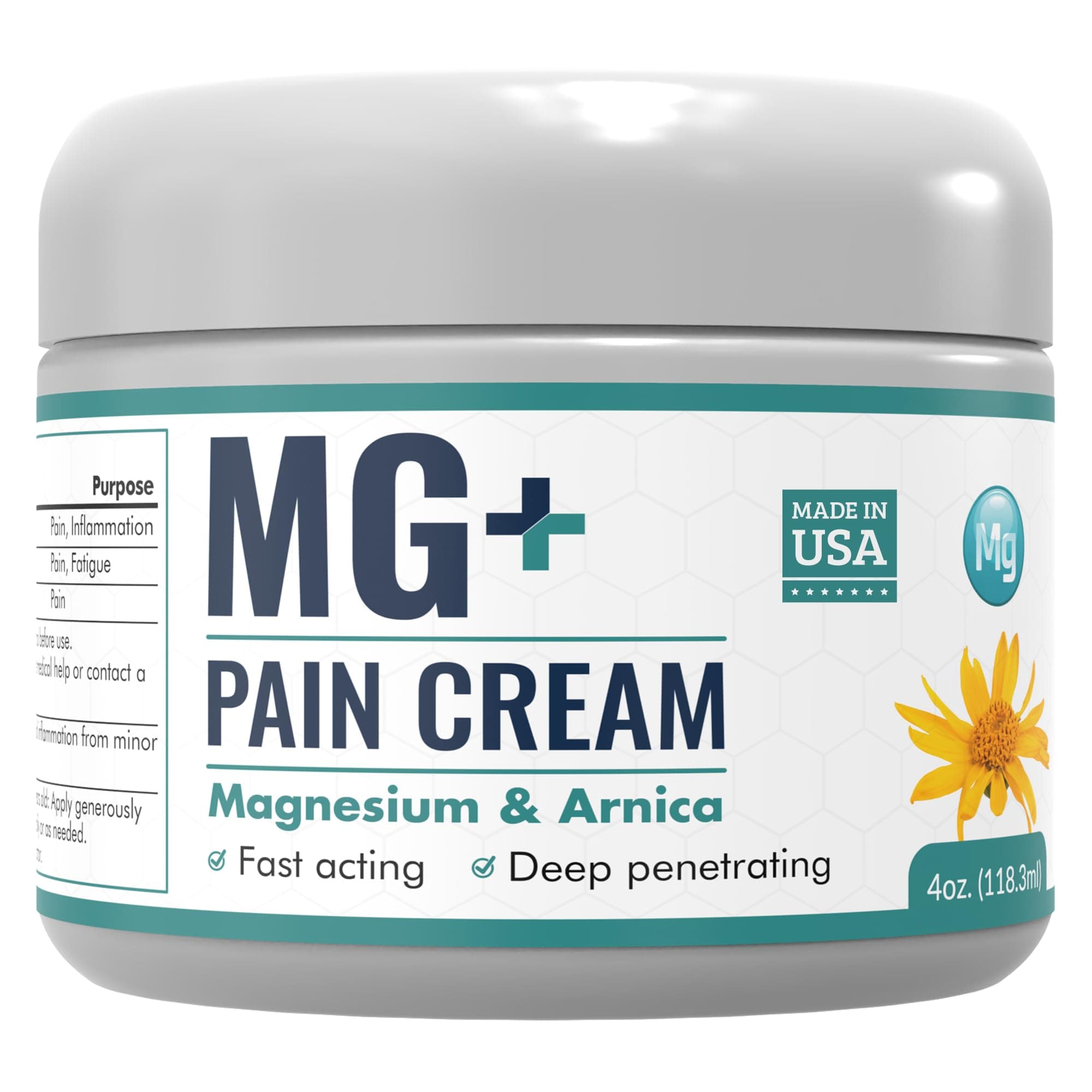 MG+ Magnesium Cream Pain Relief - Extra Strength Magnesium and Arnica Cream - 4 OZ Tub - Neuropathy, Muscle Pain, and Leg Cramps Relief - 1 Pack