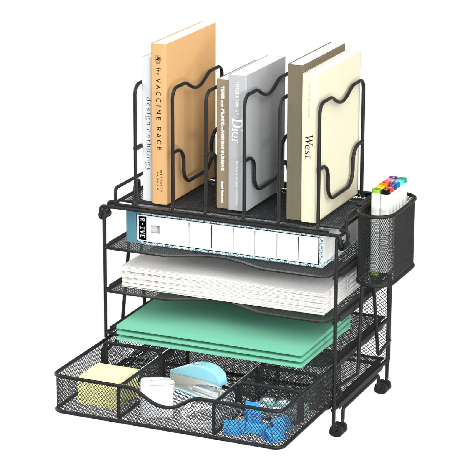 Mesh Desk Organizer, 3-in-1 Desktop Organizer with 4 Tier Tray and 5 Upright Sections, File Organizer for Desk with Sliding Drawer, Black