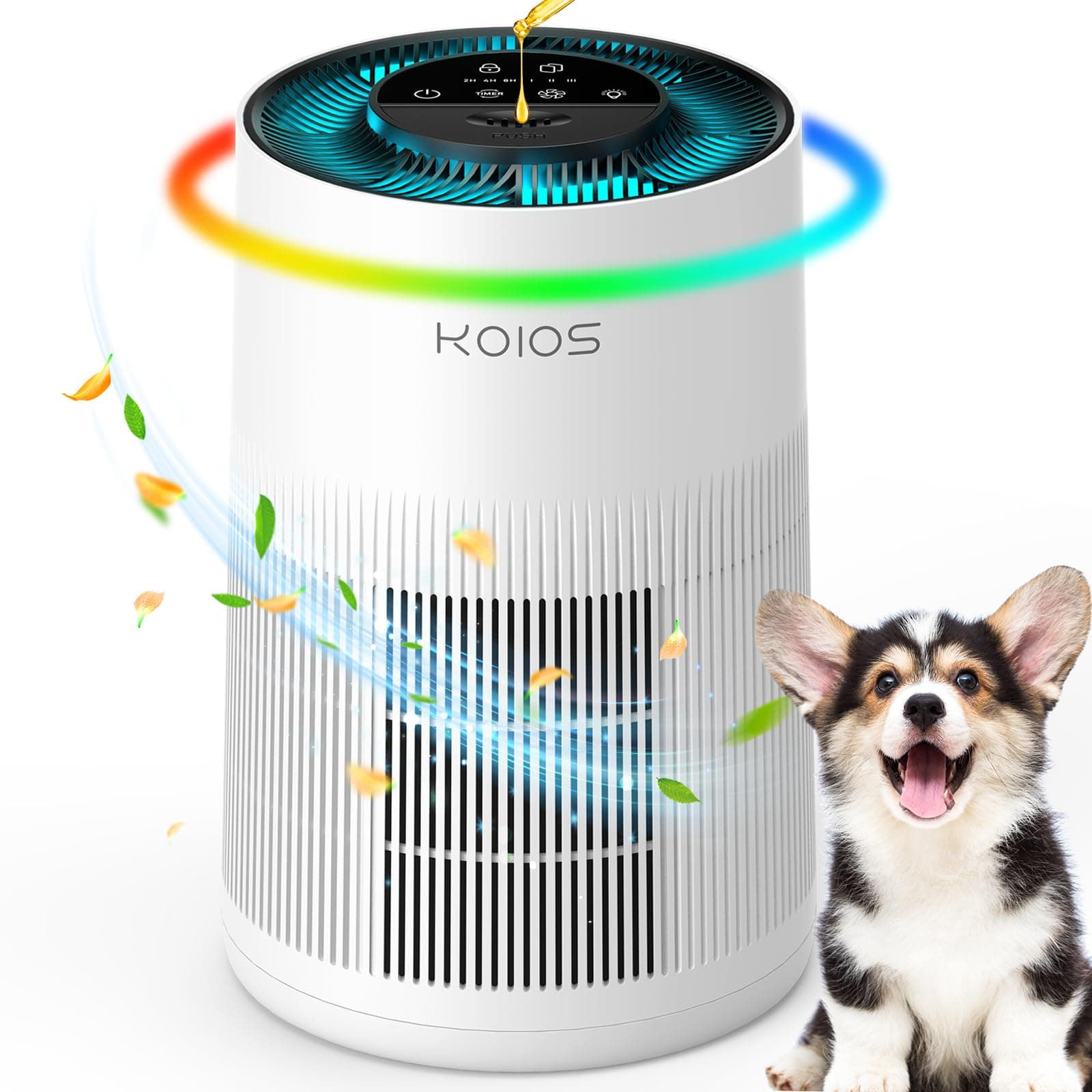 Air Purifiers for Home Large Room 1200ft², KOIOS H13 True HEPA Air Purifier for Bedroom with 7 Colorful Lights, Aromatherapy, Desktop Air Filter Cleaner for Smoke Dust Pollen Pets Dander Odor, AP2303