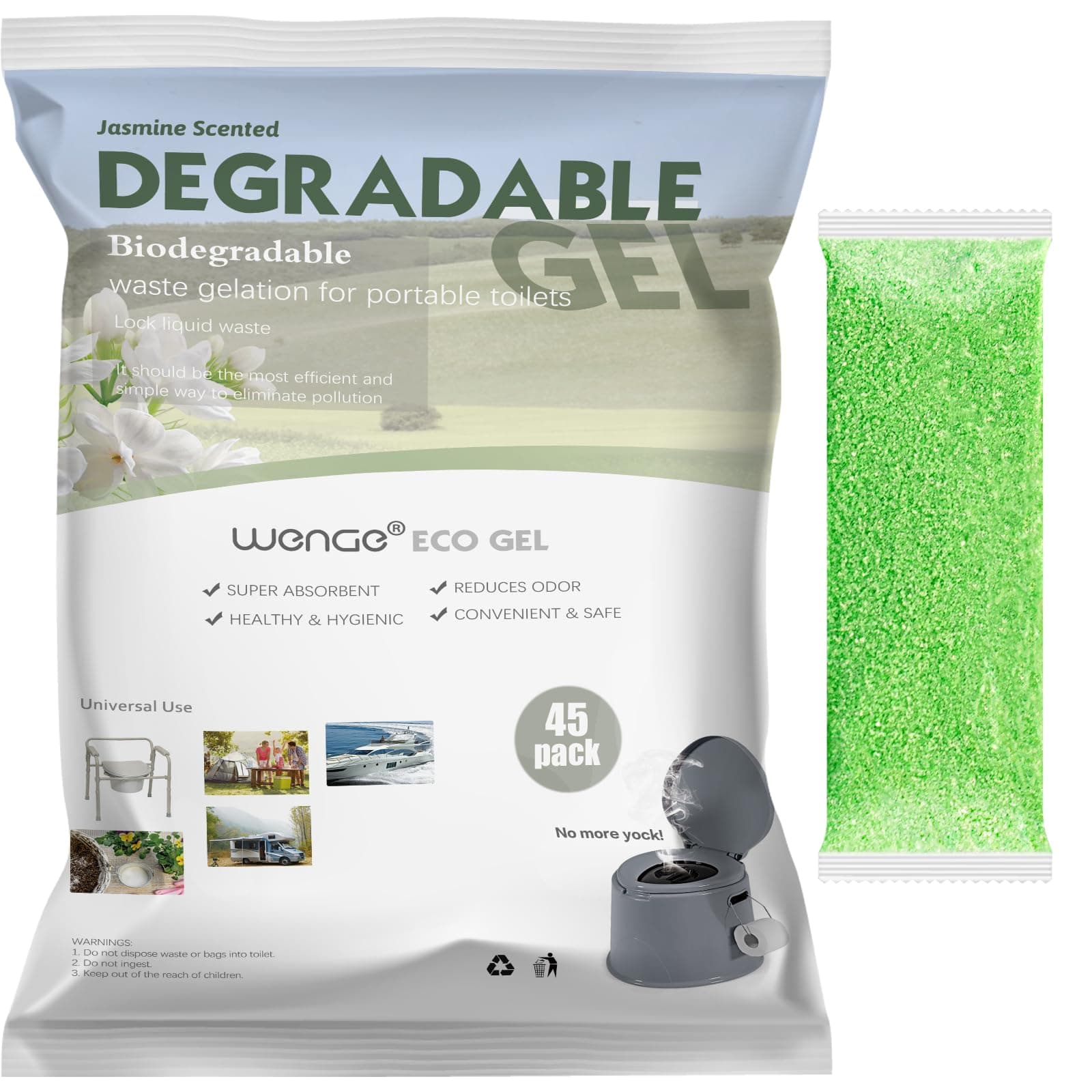 Wenge Portable Toilet Powder, 45Pack Jasmine Scent Pee Powder Solidify Body Fluids in 1 Min, Easy to Port Waste Liquid, for Camping Portable Toilet, Solidifies Urine & Diarrhea in Pet Loo