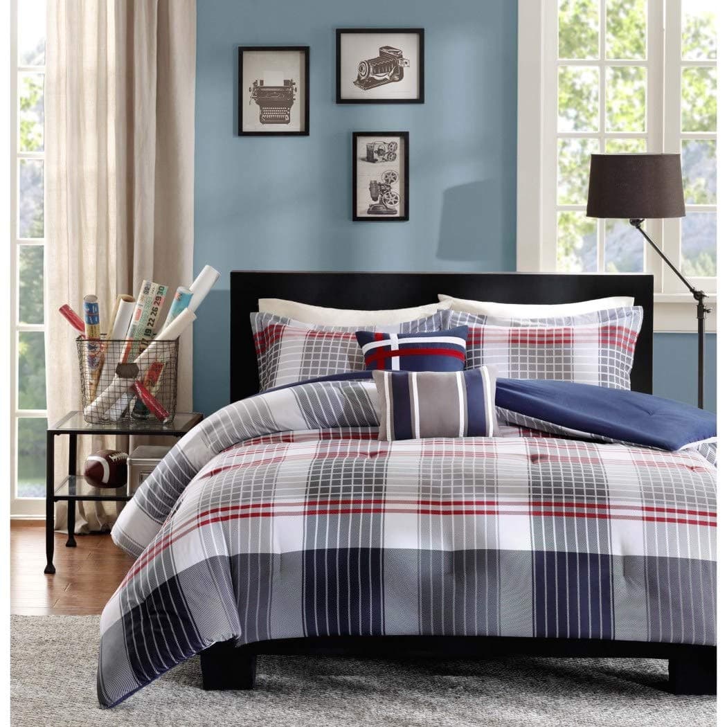 Contemporary Plaid Comforter Set Twin/XL Bed Striped Bedding with Sham and Pillows, Blue Taupe and Red Striped, Machine Washable Bedding