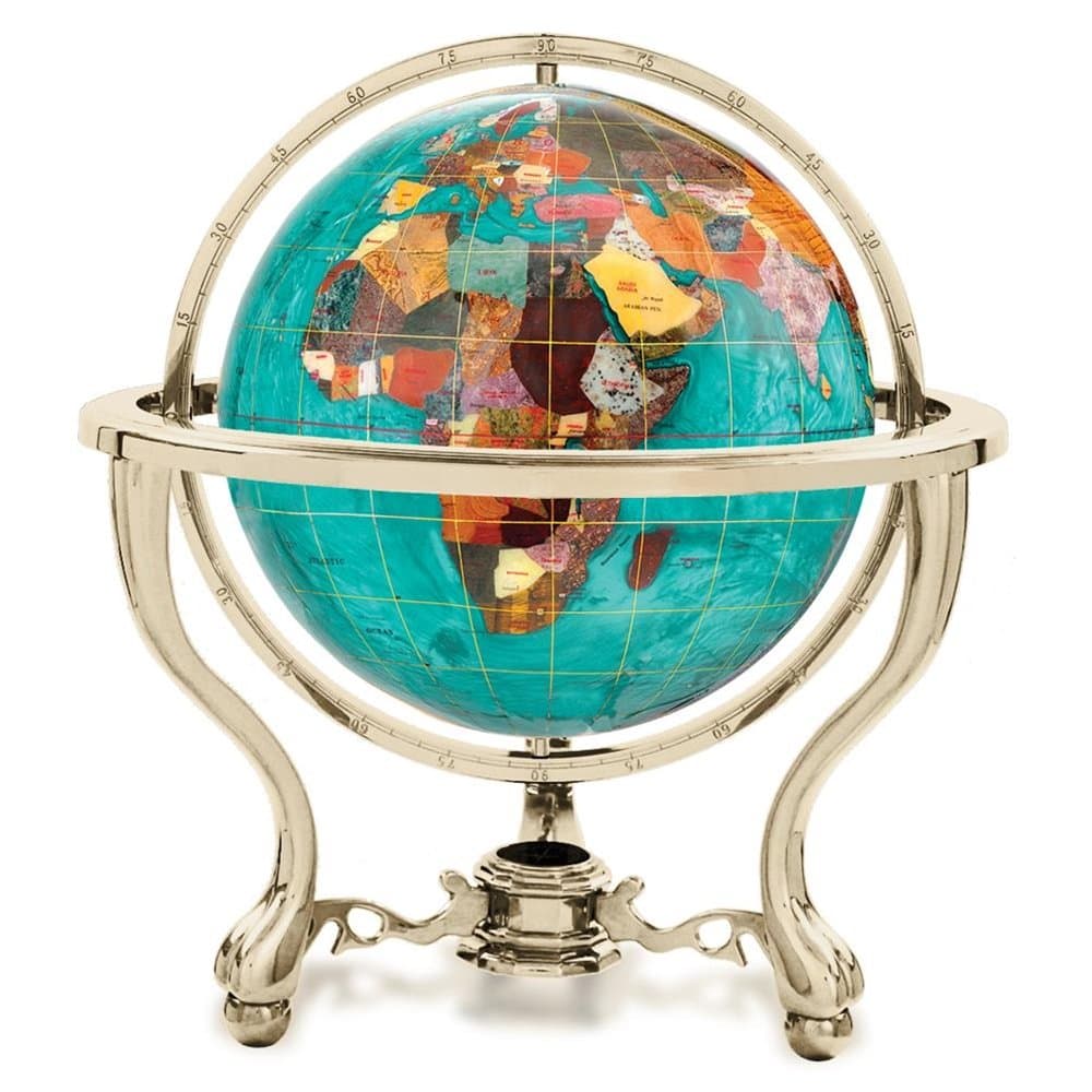Gemstone Globe with Gold Colored Commander 3-Leg Table Stand, Bahama Blue Opalite Ocean, 9-Inch