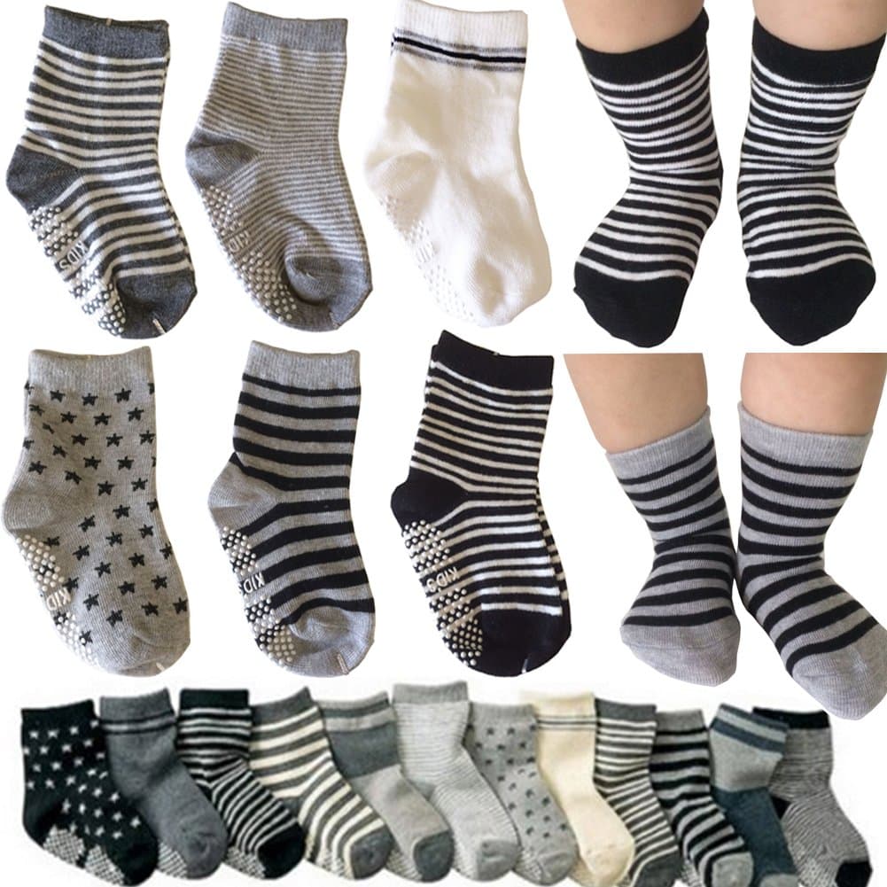 Kakalu6 Pairs Assorted Non Skid Ankle Cotton Socks Baby Walker Boys Girls Toddler Anti Slip Stretch Knit Stripes Star Footsocks Sneakers Crew Socks with Grip for 16-36 Months Baby