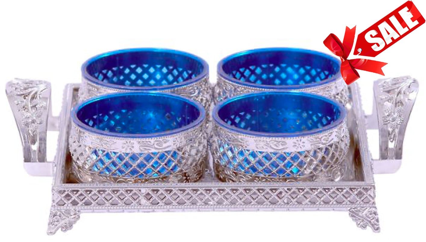 Serving Tray and Decorative Bowl Set, Indian Decorative Items For Home with Serving Tray. Unique Christmas Gift 2018. New Home/ Housewarming, Indian Gift For Wedding. Holi, Diwali [10x10][Blue]