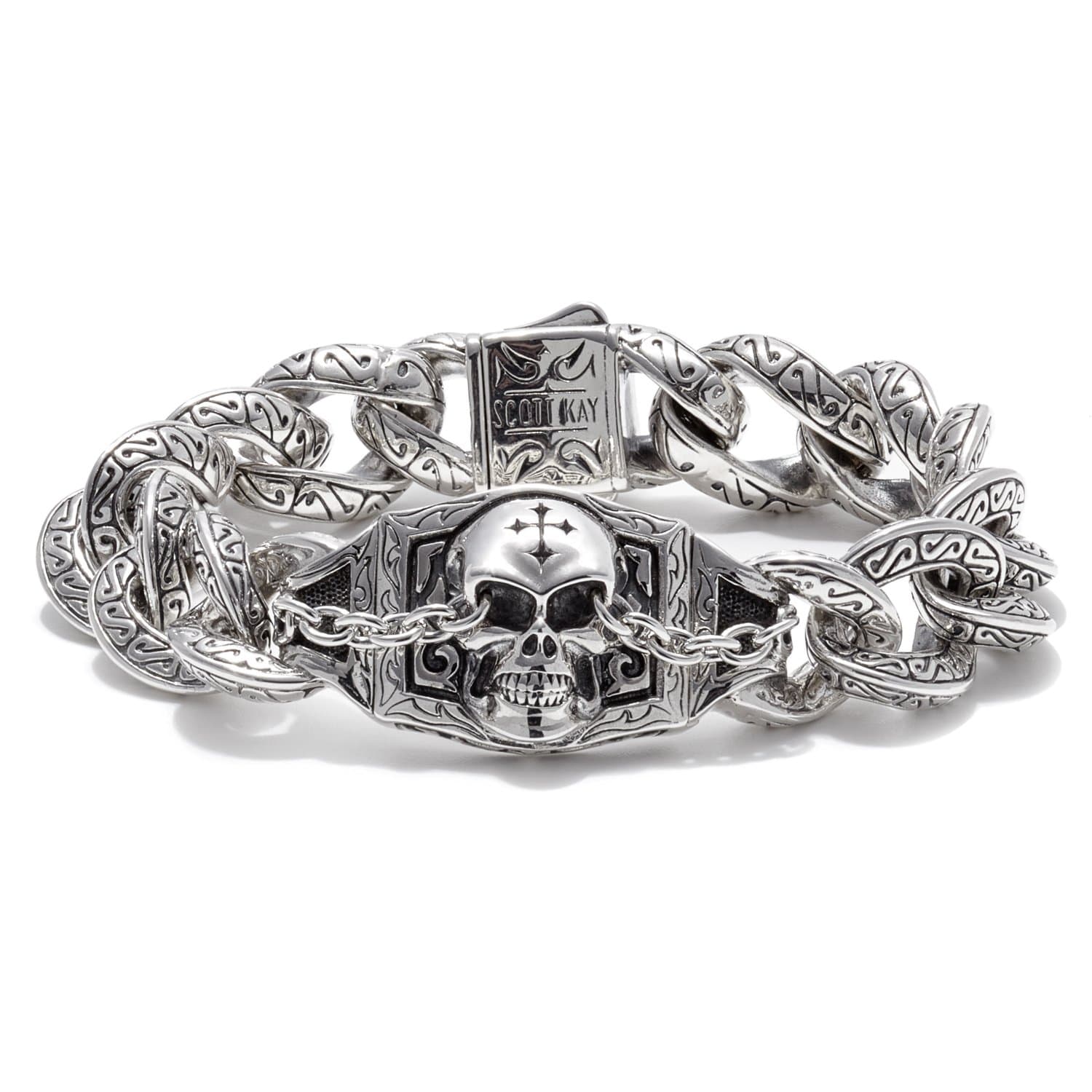 Scott Kay Sparta Collection Sterling Silver Skull Bracelet with Sparta Engraving, 8.5 inches