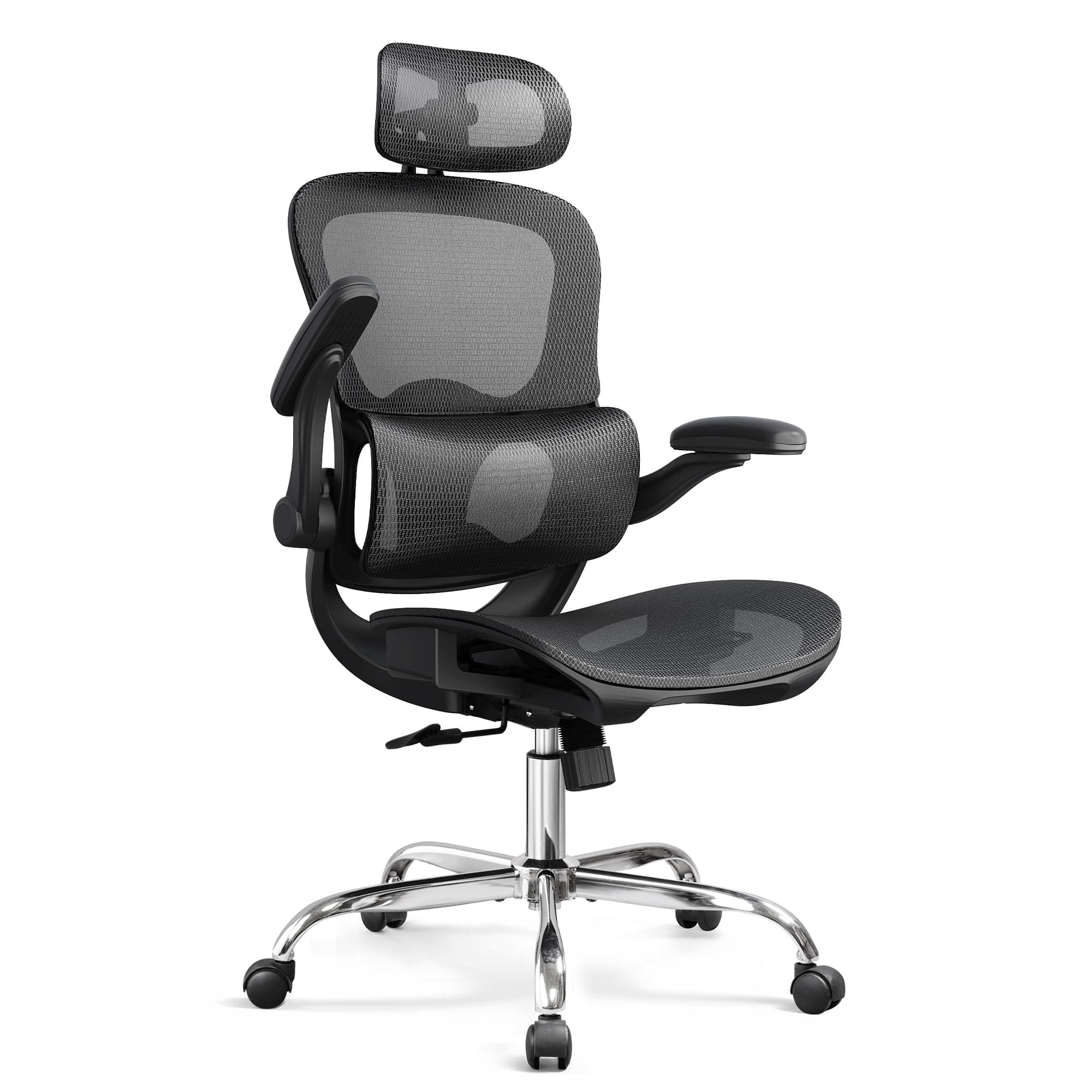 Ergonomic Mesh Home Office Desk Chair with Lumbar Support, High Back Reclining Computer Gaming Chair with Flip-up Armrests, 3D Headrest, Tilt Lock, Heavy Duty, SGS Class 4 Gas Lift, Black
