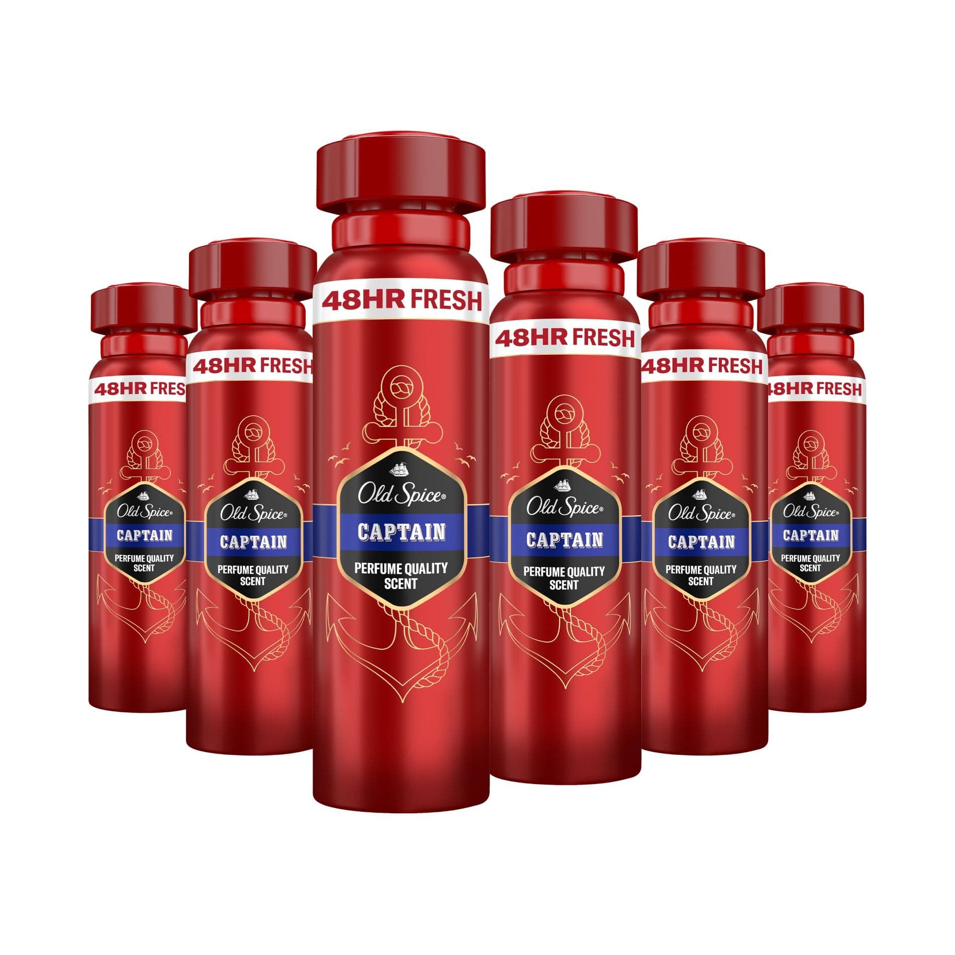 Captain Deodorant Body Spray For Men 150 ml, 48H Fresh, 0 Percent Aluminium Salts, Anti-White Marks and Yellow Stains x6