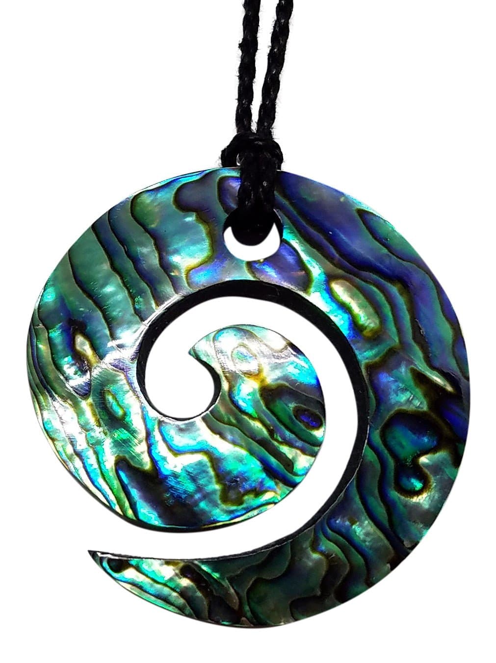 Koru Necklace - Hawaiian Jewelry - Large Paua Abalone Shell Pendant on Black Adjustable Cord, 32 Inch