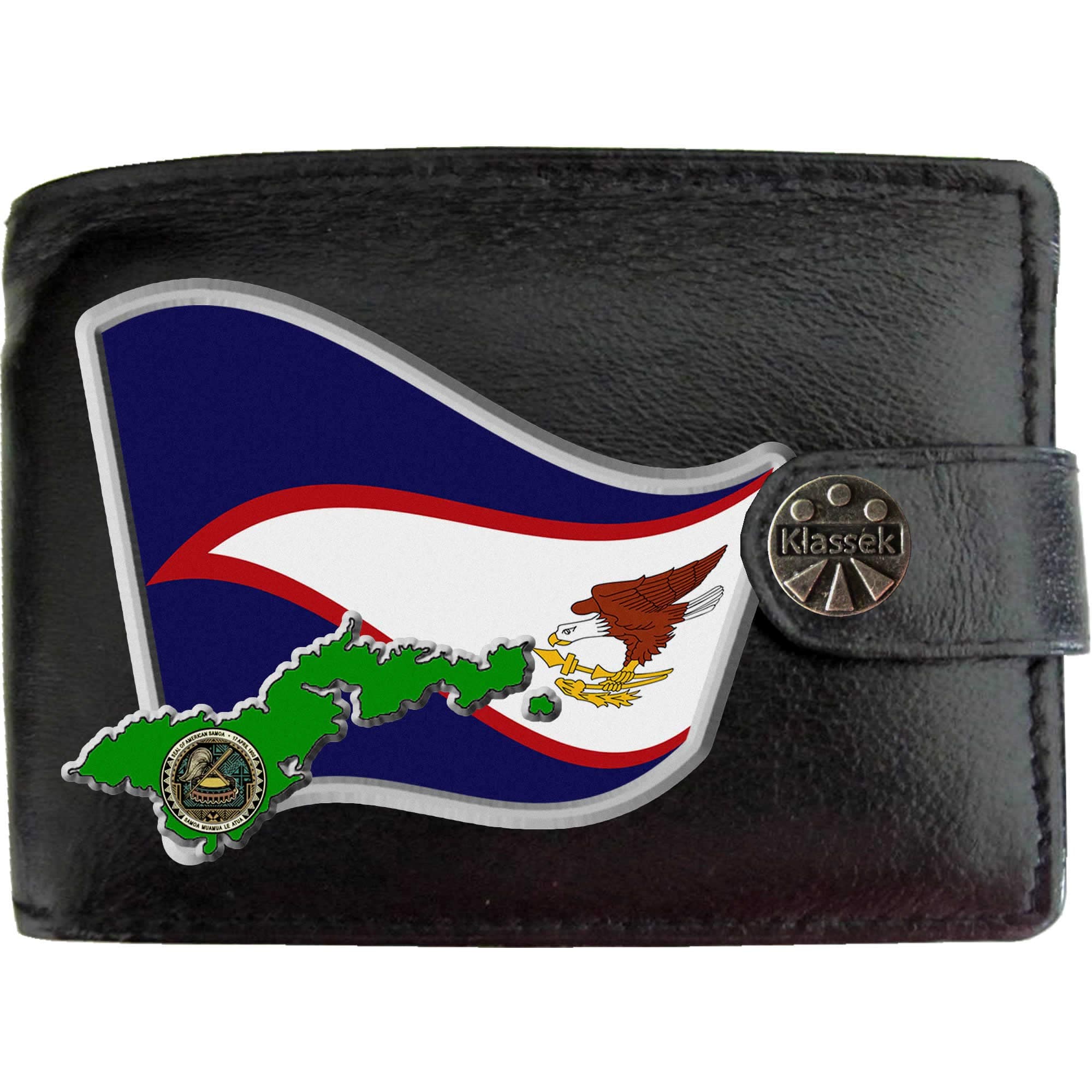 American Samoa Flag Samoan Map and Coat of Arms COA KLASSEK Mens Wallet Real Black Leather RFID Blocking with Coin Pocket and Metal Gift Box