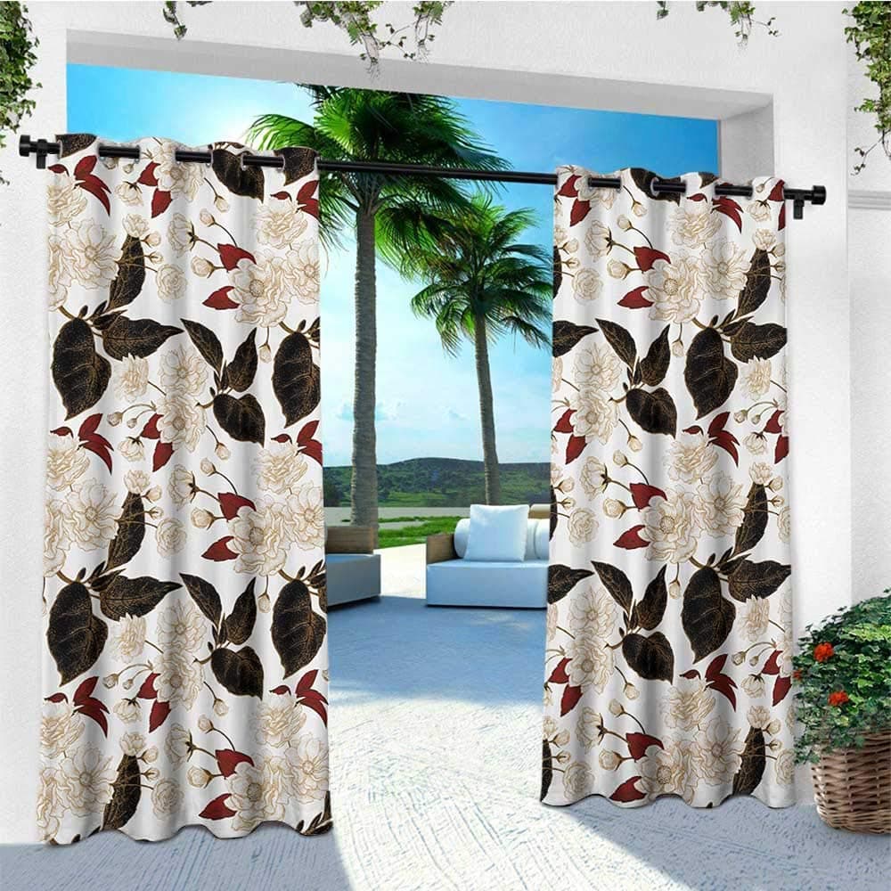 leinuoyi Floral, Outdoor Curtain Panels Set of 2, Chinese Plum Flowers Branches Eastern Oriental Zen Bohemian Pattern, for Patio Waterproof W96 x L96 Inch Beige Burgundy Dark Brown