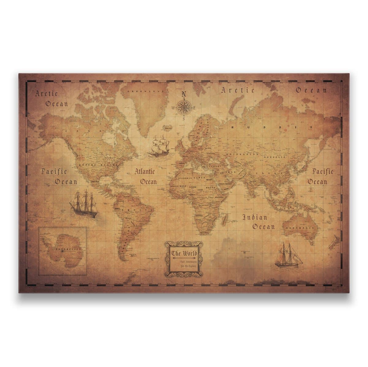 Conquest Maps Map with Pins - World Travel Map Golden Aged Style Push Pin Travel Map Cork Board, Track Your Travels Pinable Canvas Map with Cork Backing, Internal Framed (24 x 16 Inches)