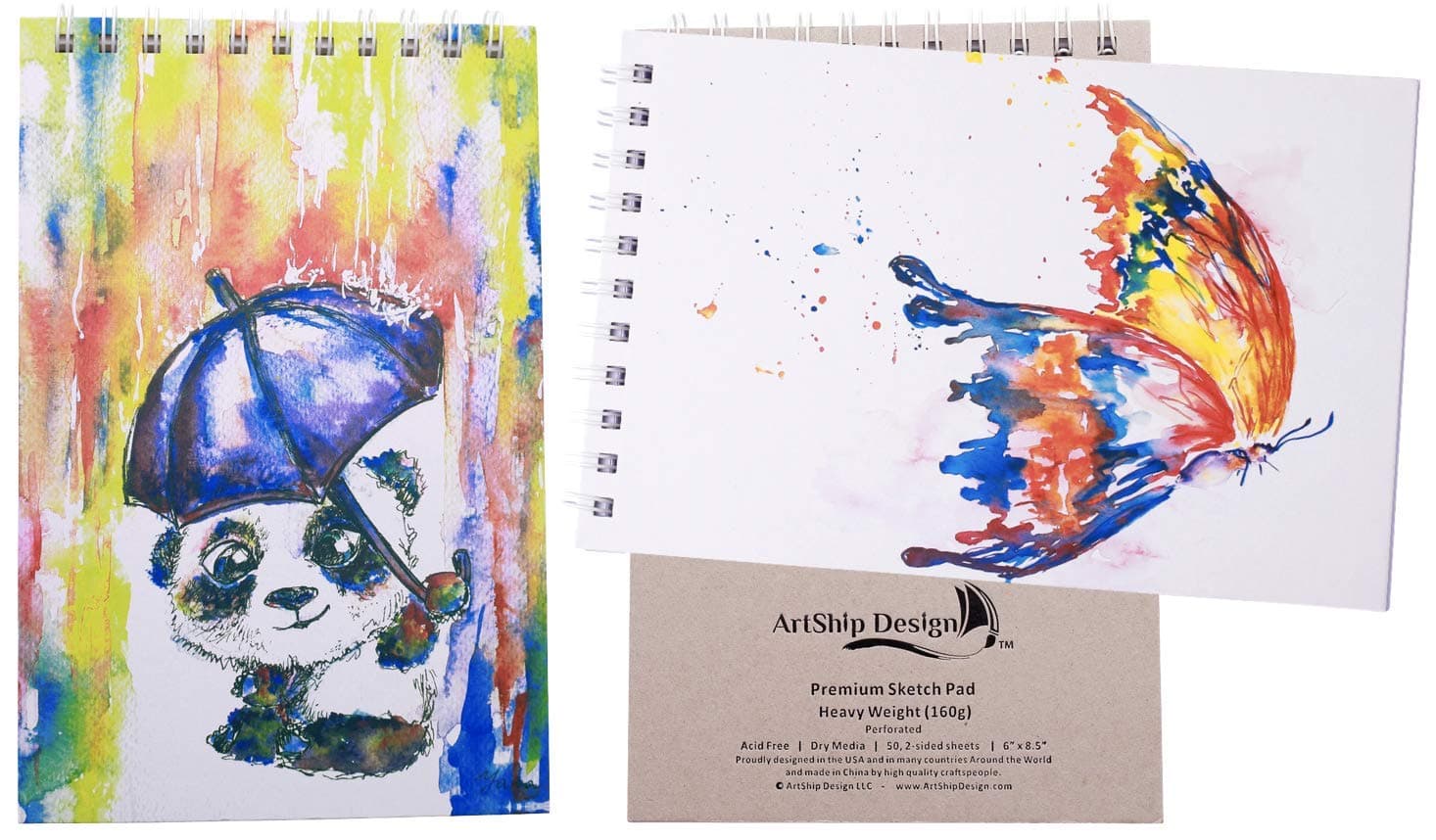 2 Pack Sketchbook Premium Hardcover Heavyweight (160g) Spiral Bound Gift Collectable (8.5x6 Panda and Butterfly)