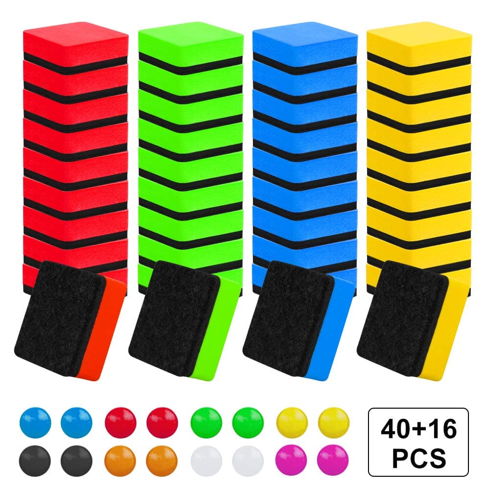 TOPIST Dry Erase Erasers 40 Pack, Square Magnetic Whiteboard Eraser Chalkboard Cleaner Wiper for Kids Teachers Classroom Home Office(4 Assorted Colors) with 16pcs Magnet Buttons