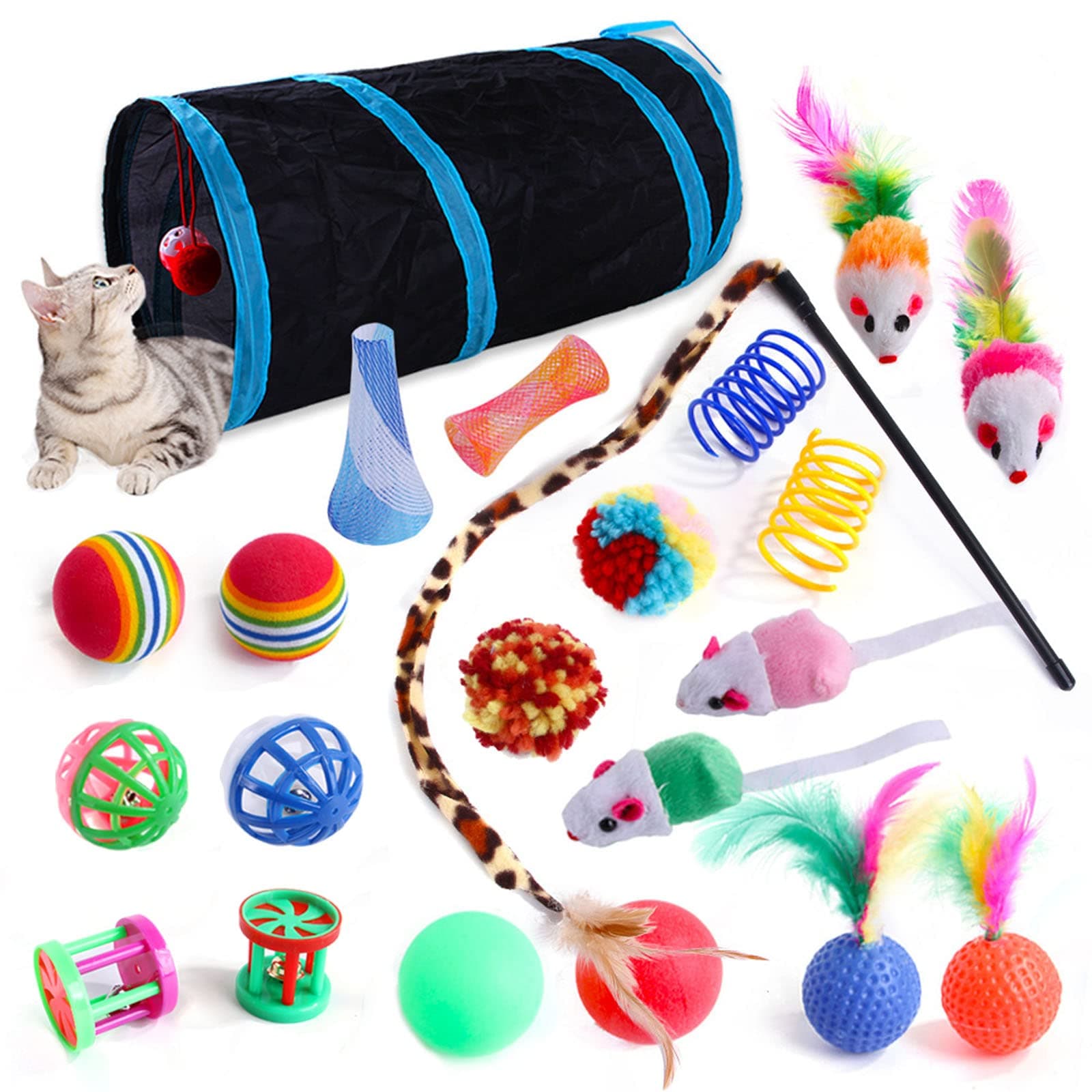 22 Pcs Cat Toys for Indoor Kitten, Interactive Cat Kitten Toys Set, Collapsible Cat Tunnel Feather Wand Ball Spring Mice, 22pcs Blue Black
