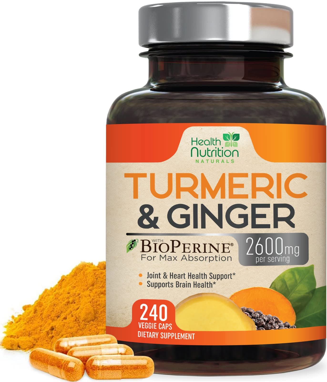 Turmeric Curcumin Supplement - 2000mg Organic Turmeric & 400mg Organic Ginger per Serving - 95% Curcuminoids & BioPerine Black Pepper for Best Absorption & Joint Support, Bottled in USA - 240 Capsules