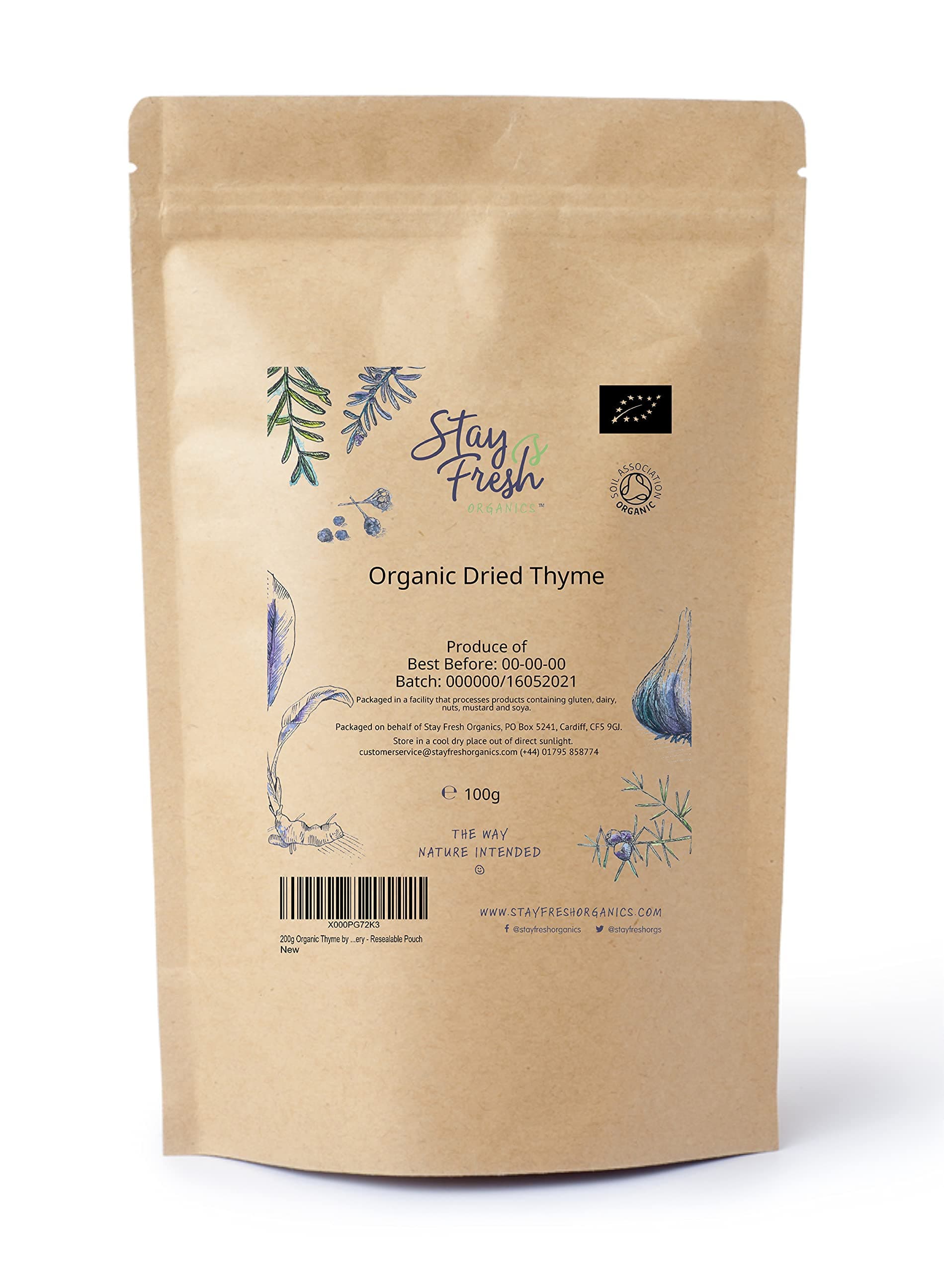 Stay Fresh Organics - 100g Organic Dried Thyme - Resealable Pouch - Tested for Heavy Metals - Certified by Soil Association