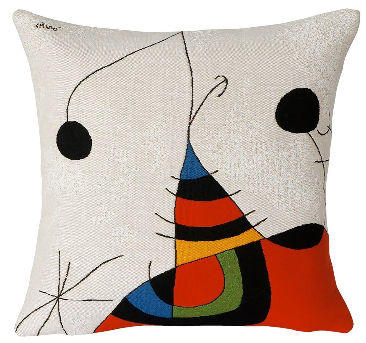 Jules Pansu - Premium European Throw Pillowcase in Jacquard Weave - Miro Woman, Bird, Star (1966-73) - 18 x 18 Inches - 95% Cotton 5% Polyester - Invisible Zipper Opening - Made in France