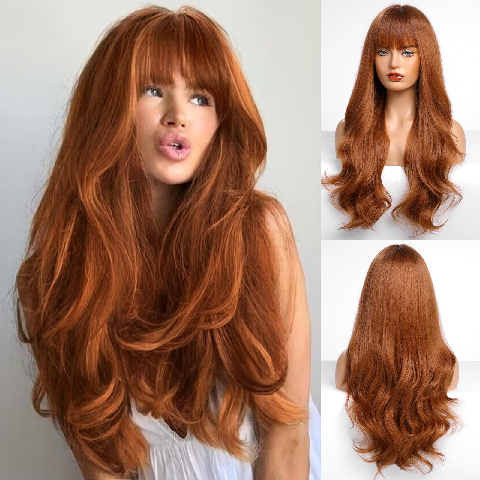 - Auburn Wig with Bangs for Women Auburn Long Wavy Hair Wig Curly Wavy Synthetic Wigs for Girls Daily Party Use 26Inch