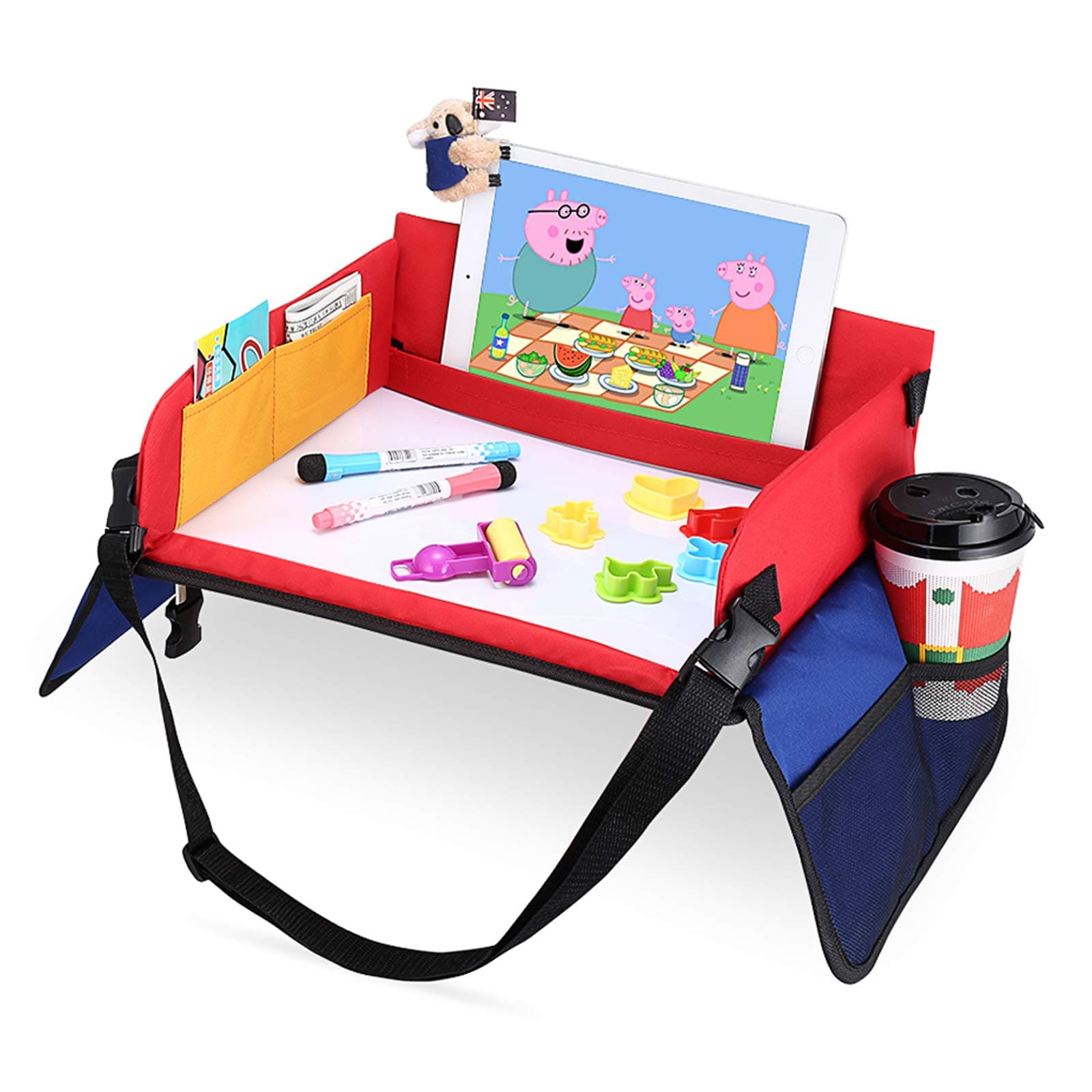 Snack & Play Travel Tray - Child Play Lap Tray with Dry Erasable Top + 6 Mark Pens with Strong Buckles Mesh Pockets Organiser Bag Car Activity Trays Toy Organiser for Auto Stroller Pushchair Sofa