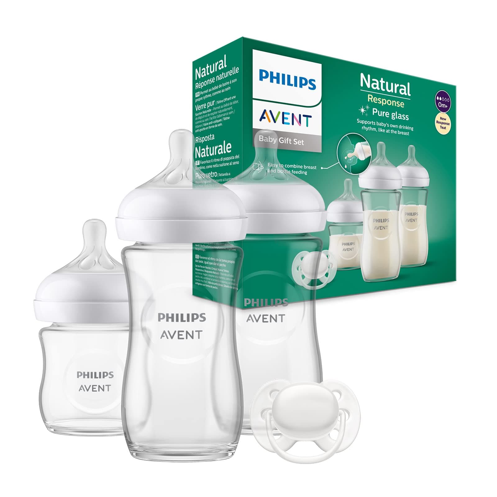 Philips Avent Glass Baby Bottle Newborn Gift Set - 3 Baby Milk Bottles, Ultra-Soft Pacifier for Babies Aged 0-6 Months+ (Model SCD878/11)