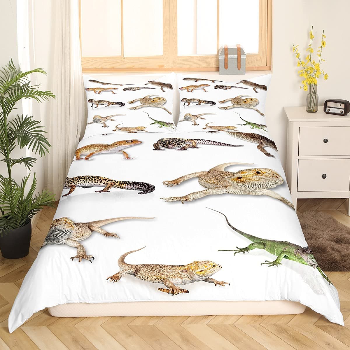 Loussiesd Reptile Bedding Set for Kids Girls Boys Teens Child,Leopard Gecko Comforter Cover Primitive Wildlife Animals Lizard Beige White Green,Decor 2 Pcs Duvet Cover Single & Zipper Ties