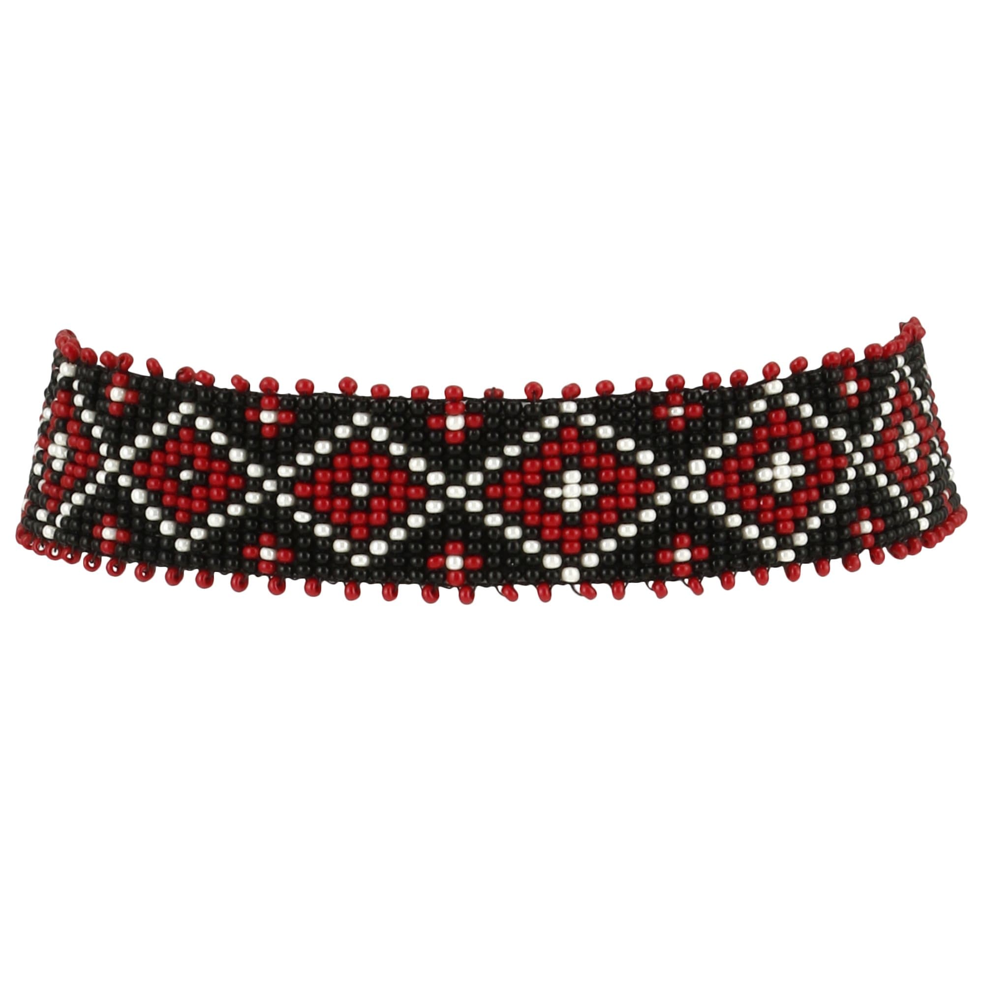 Preciosa Jablonex Seed Bead Native American Inspired Style Seed Beaded Choker Red, Black And Off White Patterned Handmade Personalized Delicate Costume Fashion Unique Necklace for Women.