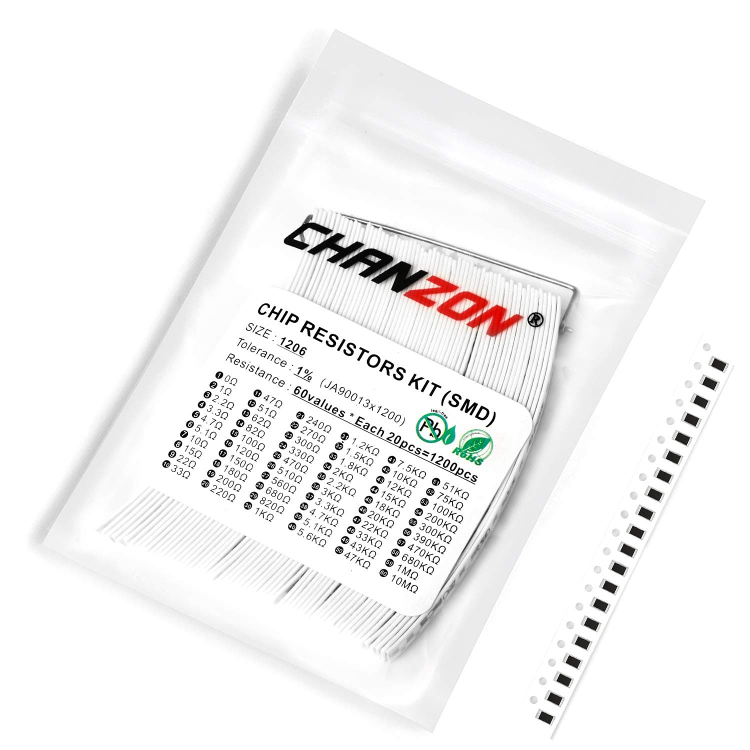 Chanzon 1200pcs 1206 SMD Resistor Kit 0-10M Ω ohm 60 Values 1/4W 0.25W ±1% Tolerance Thick Film 0-10MR SMT Chip Resistors Rohs Certificated