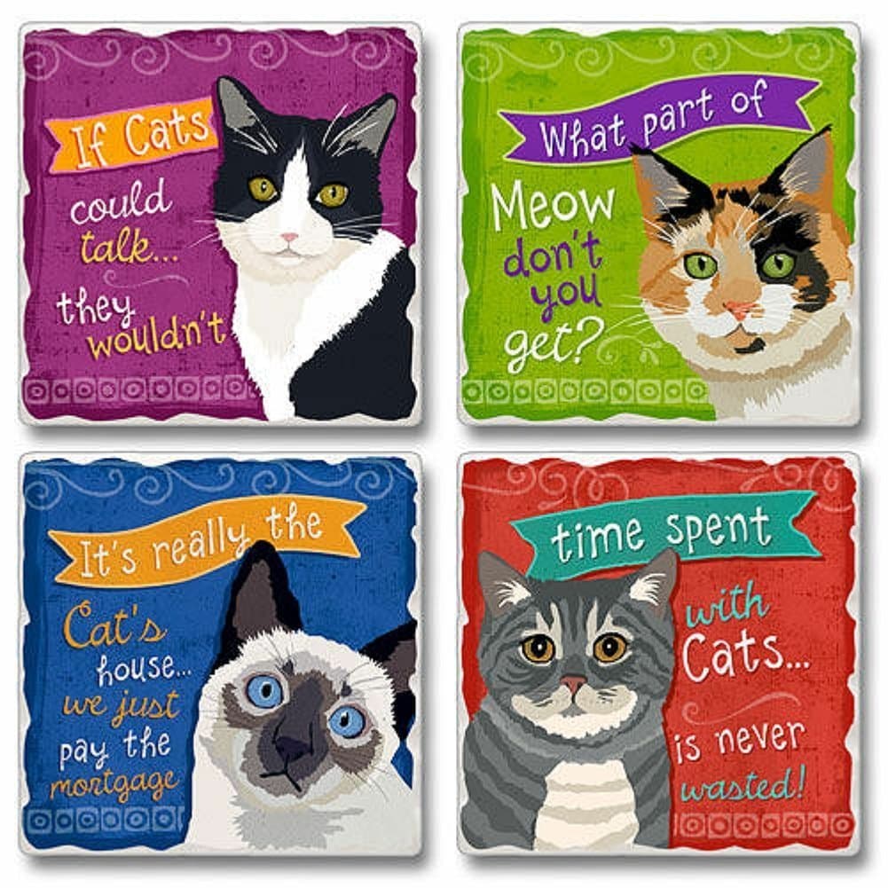 Cat Tales Square Assorted Tumbled Stone Coaster Set of 4, Highland Graphics