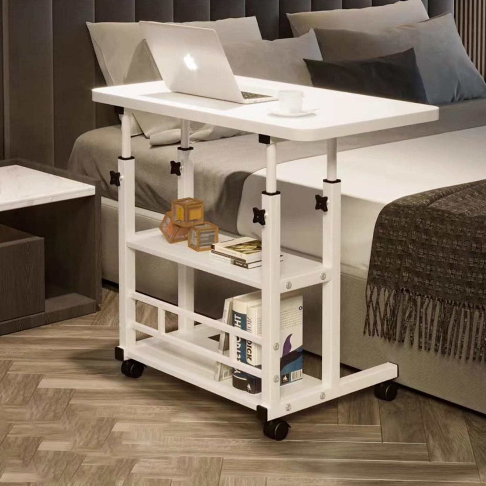 VUCATIN Adjustable Home Office Desk Portable Study Computer Rolling Desk for Small Spaces Movable Sofa Side Bed Table on Wheels Student Small Standing Laptop Desk with Storage (white)
