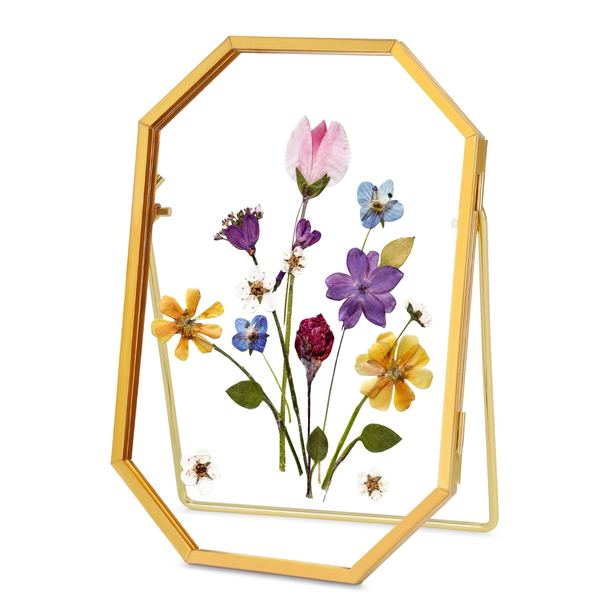 REDHUGO Glass Pressed Flower Frame, Metal Floating Picture Frame, Double Glass Frame for Pressed Flowers, Tabletop Display, Octagon (FRAME ONLY)