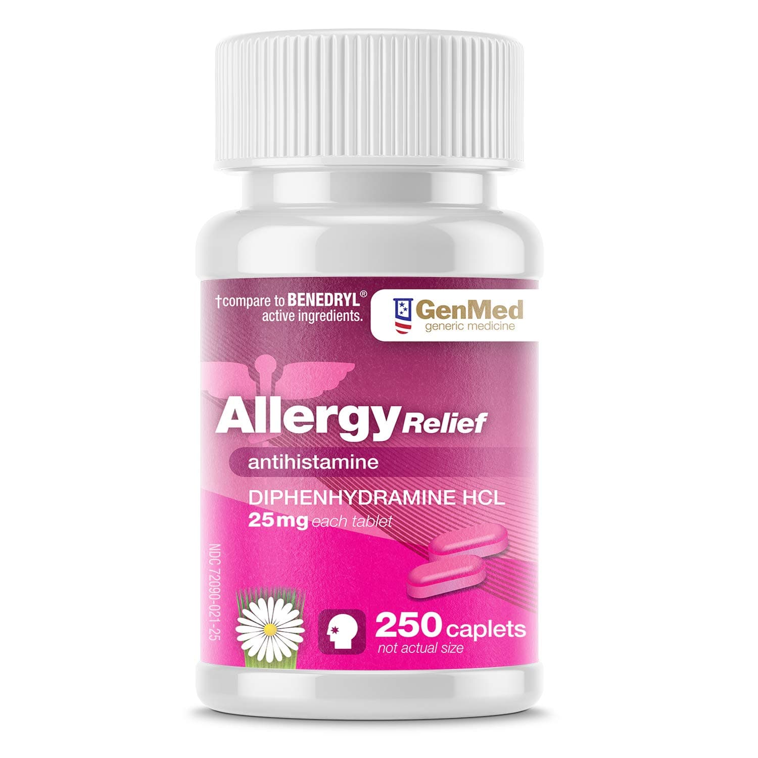 Genmed Allergy Relief, 250Count, Antihistamine, Diphenhydramine HCl 25 mg | Children & Adults | Relieve Itchy Eyes, Runny Nose, Sneezing