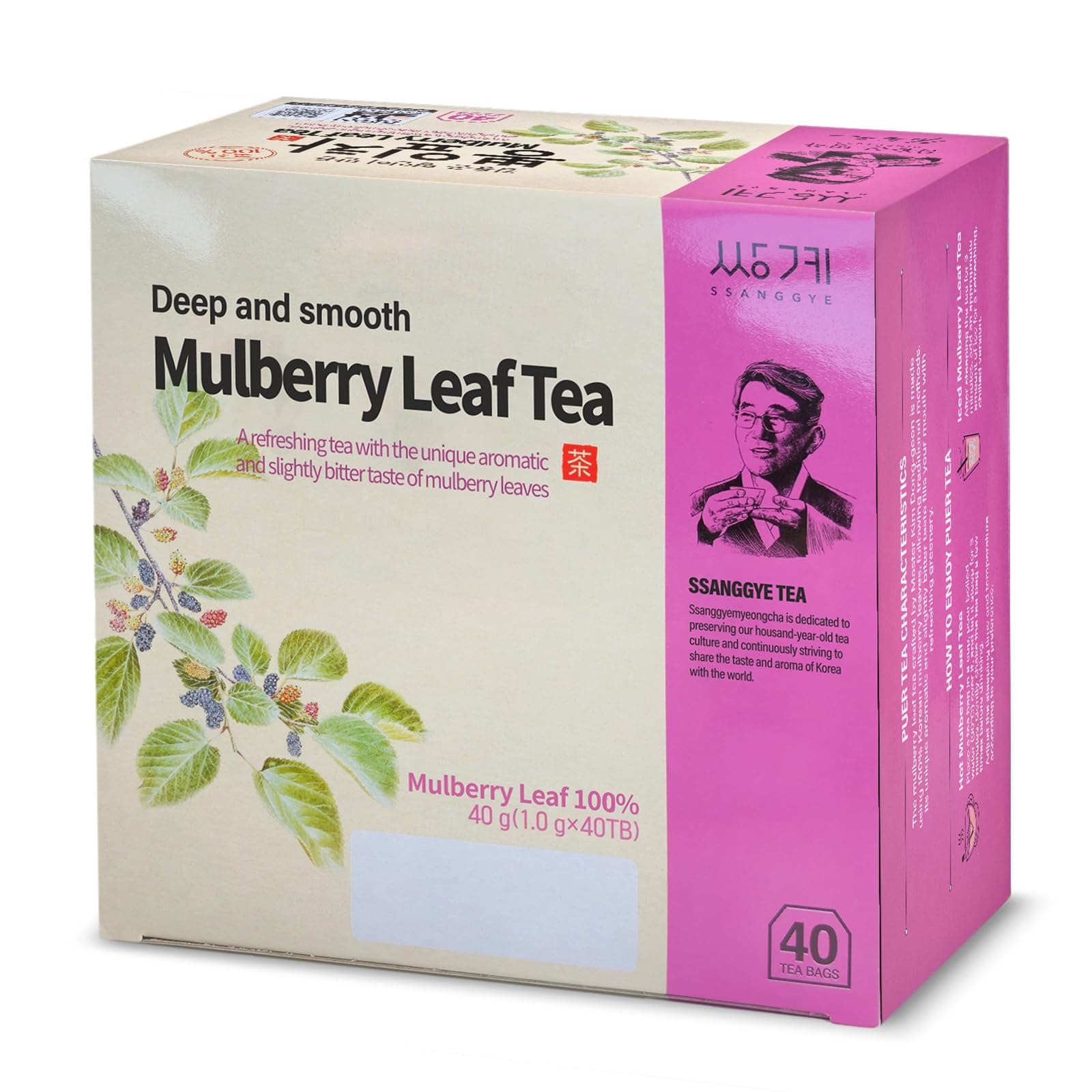 Ssanggye Wild Mulberry Leaves Tea 1.0g X 40 Tea Bags, Premium Korean Herbal Tea Hot Cold Herb Savory 4 Seasons Made in Korea