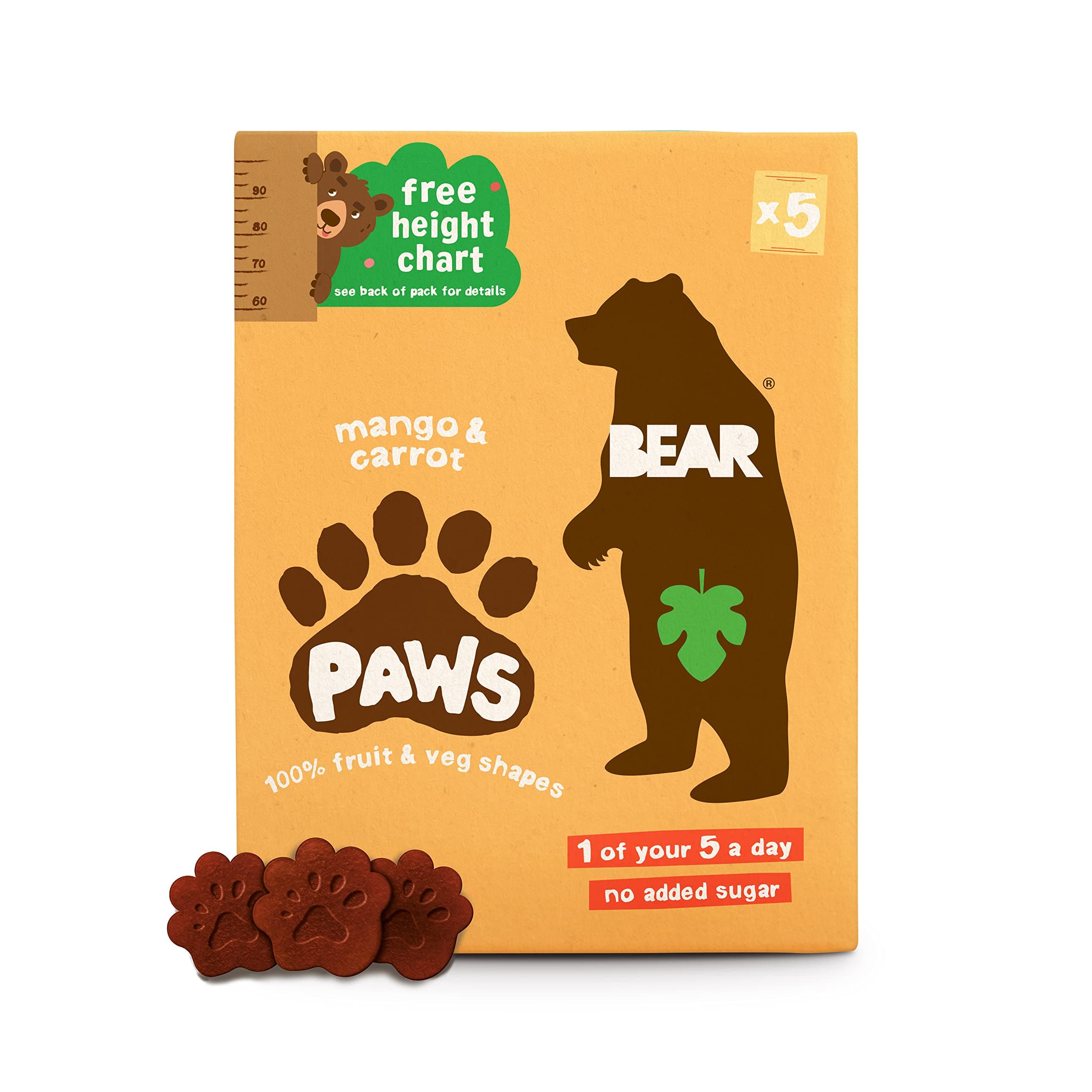 BEAR Mango & Carrot Pure Fruit & Veg Paws - Suitable for 2+ years - Healthy - 20g - 4 x 5 Packs (Pack of 20)