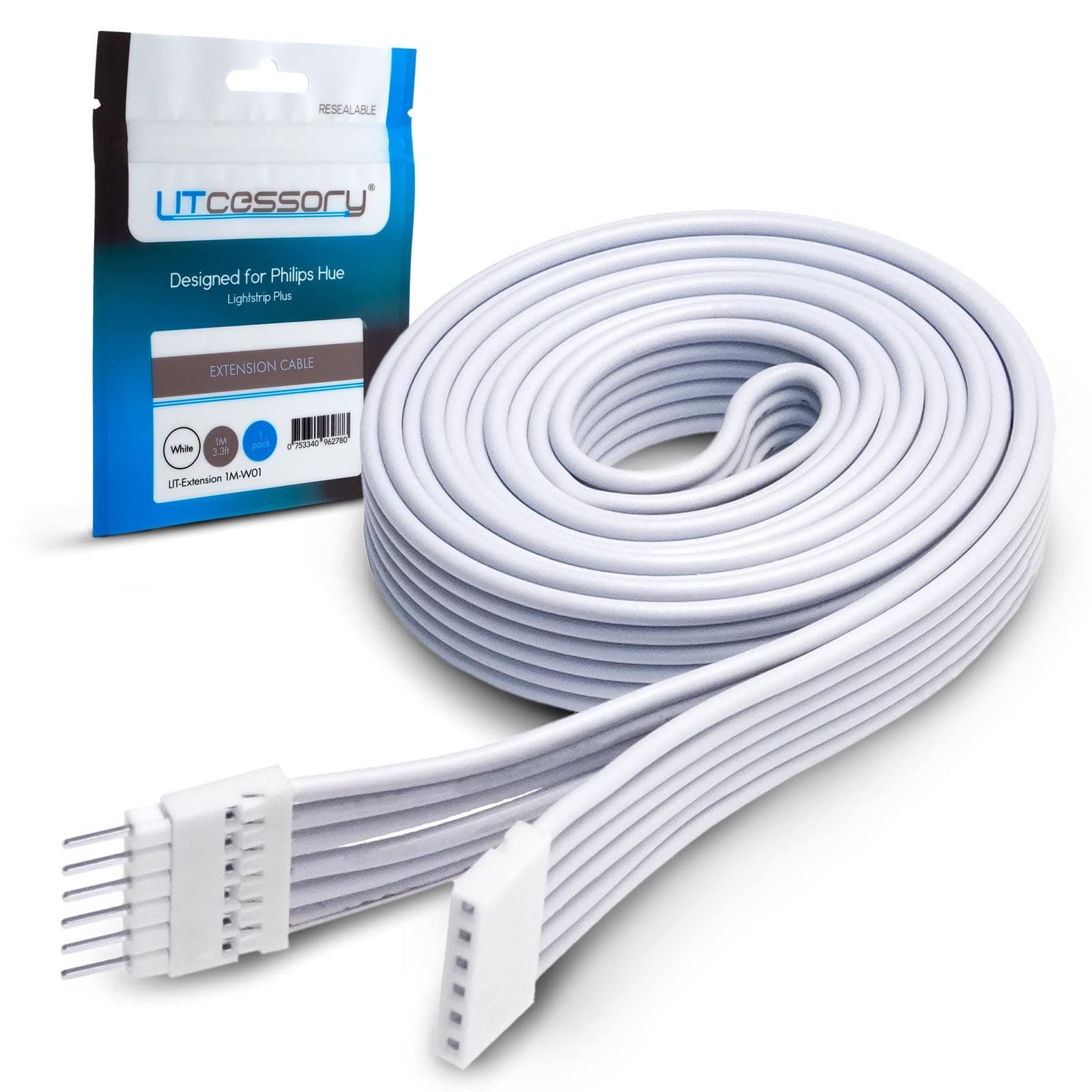 Litcessory Extension Cable for Philips Hue Lightstrip Plus (1m, 1 Pack, White - STANDARD 6-PIN V3)