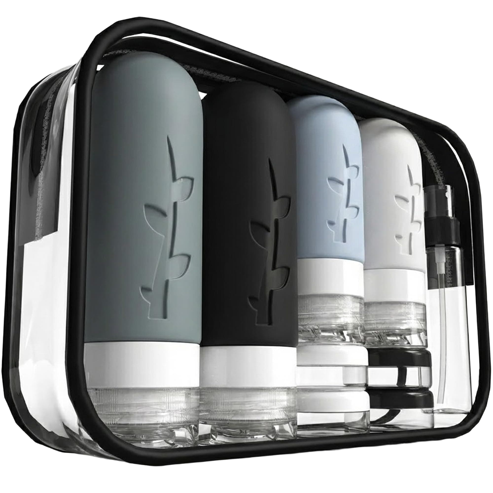 Travel Bottles Kit (16 Pack) - TSA Approved, Leak Proof Silicone Squeezable Containers for Toiletries. Complete Set with Jars, Sprayers & Bag (Black)